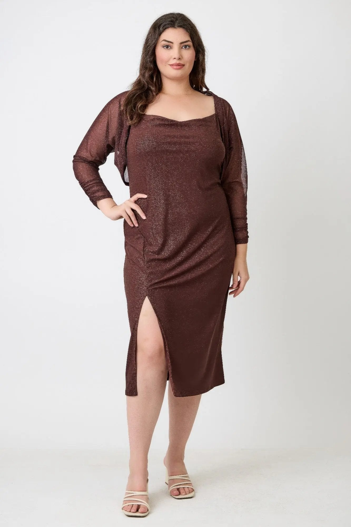 Plus Shimmer Midi Dress With Front Slit Dress Only - DressAffection