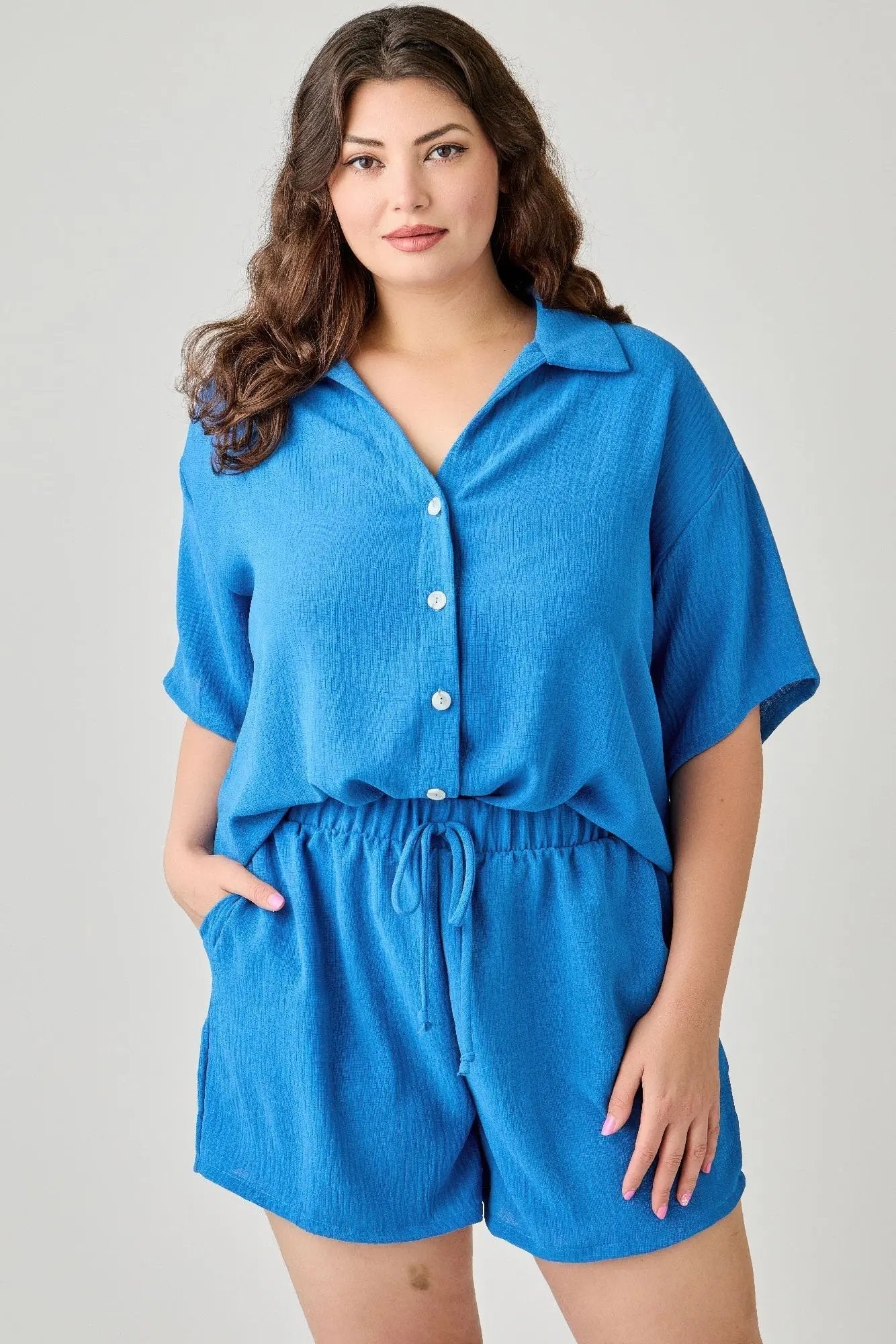 Plus Size 2pc Linen Airflow Btn Down Set - DressAffection