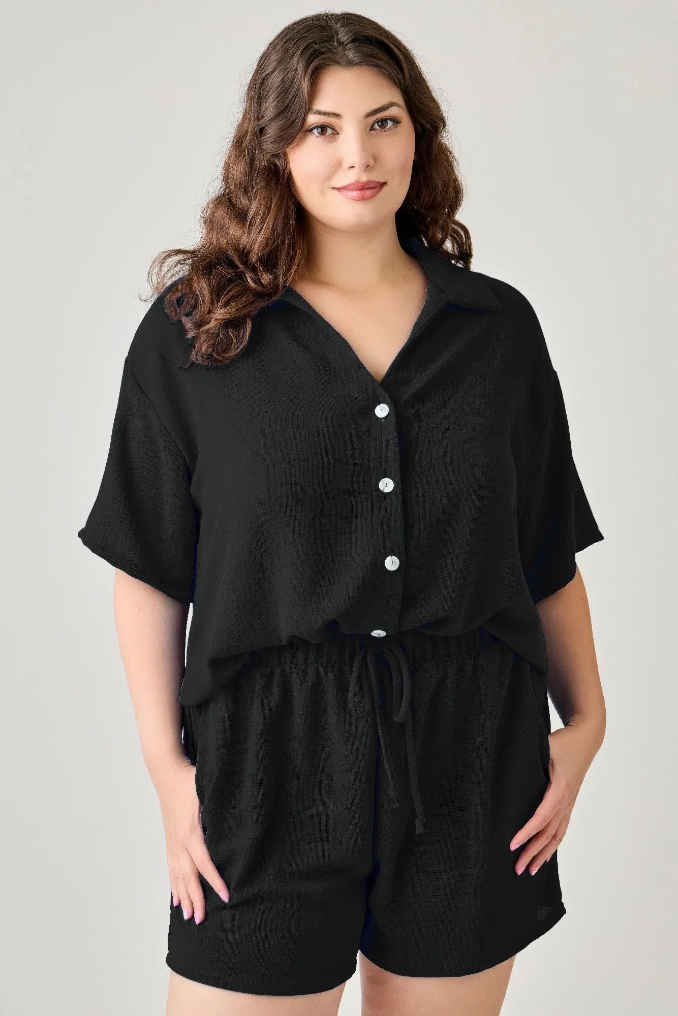 Plus Size 2pc Linen Airflow Btn Down Set - DressAffection