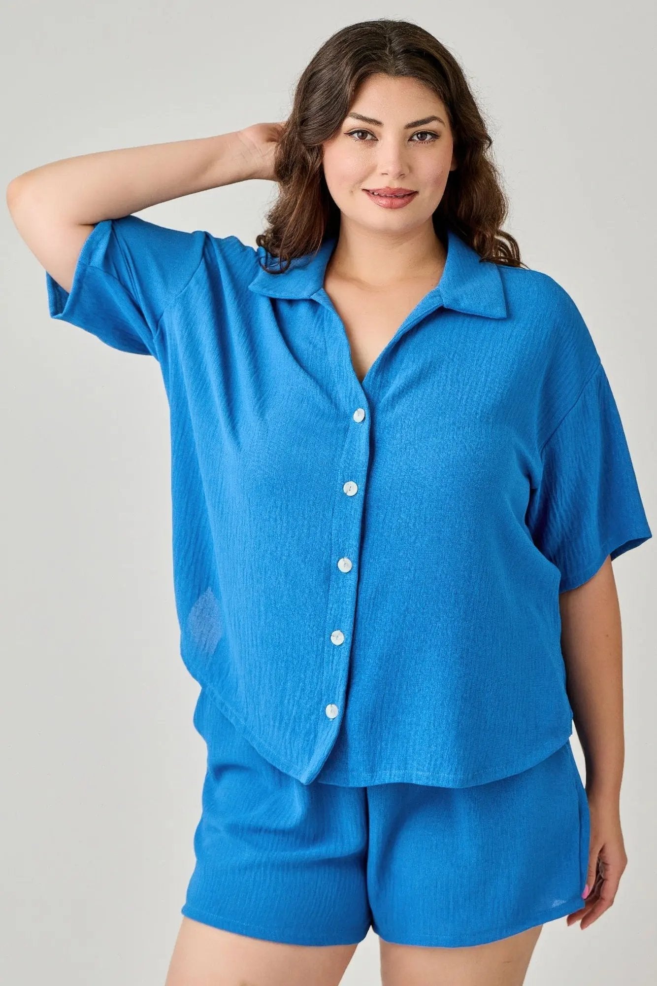 Plus Size 2pc Linen Airflow Btn Down Set - DressAffection