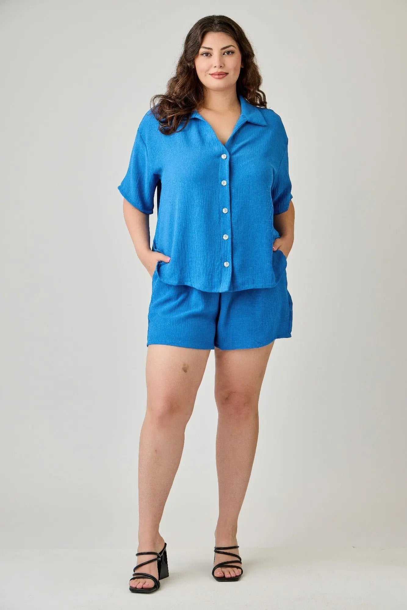 Plus Size 2pc Linen Airflow Btn Down Set - DressAffection