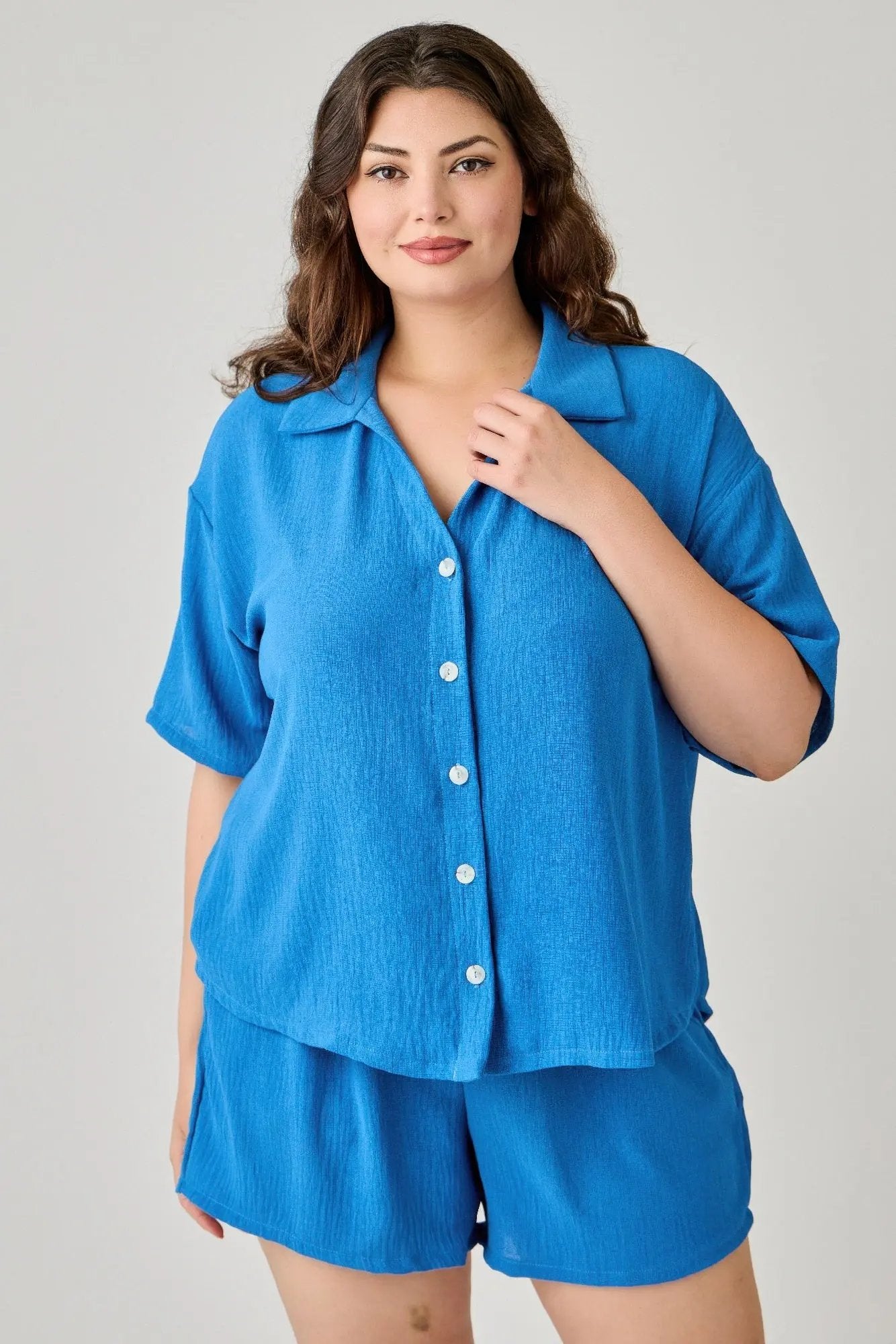 Plus Size 2pc Linen Airflow Btn Down Set - DressAffection