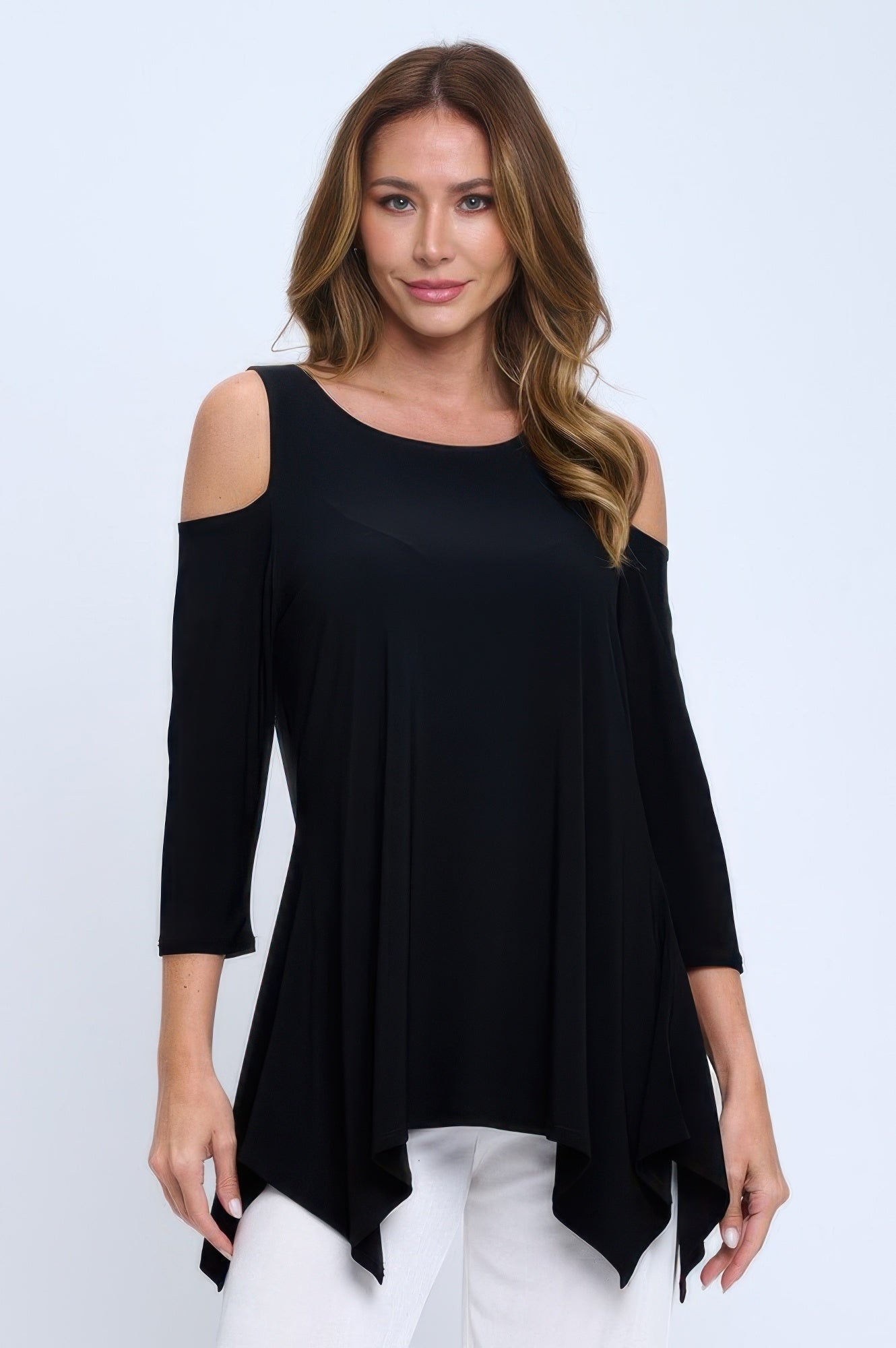 Plus Size Black Cold Shoulder Sharkbite Top - DressAffection