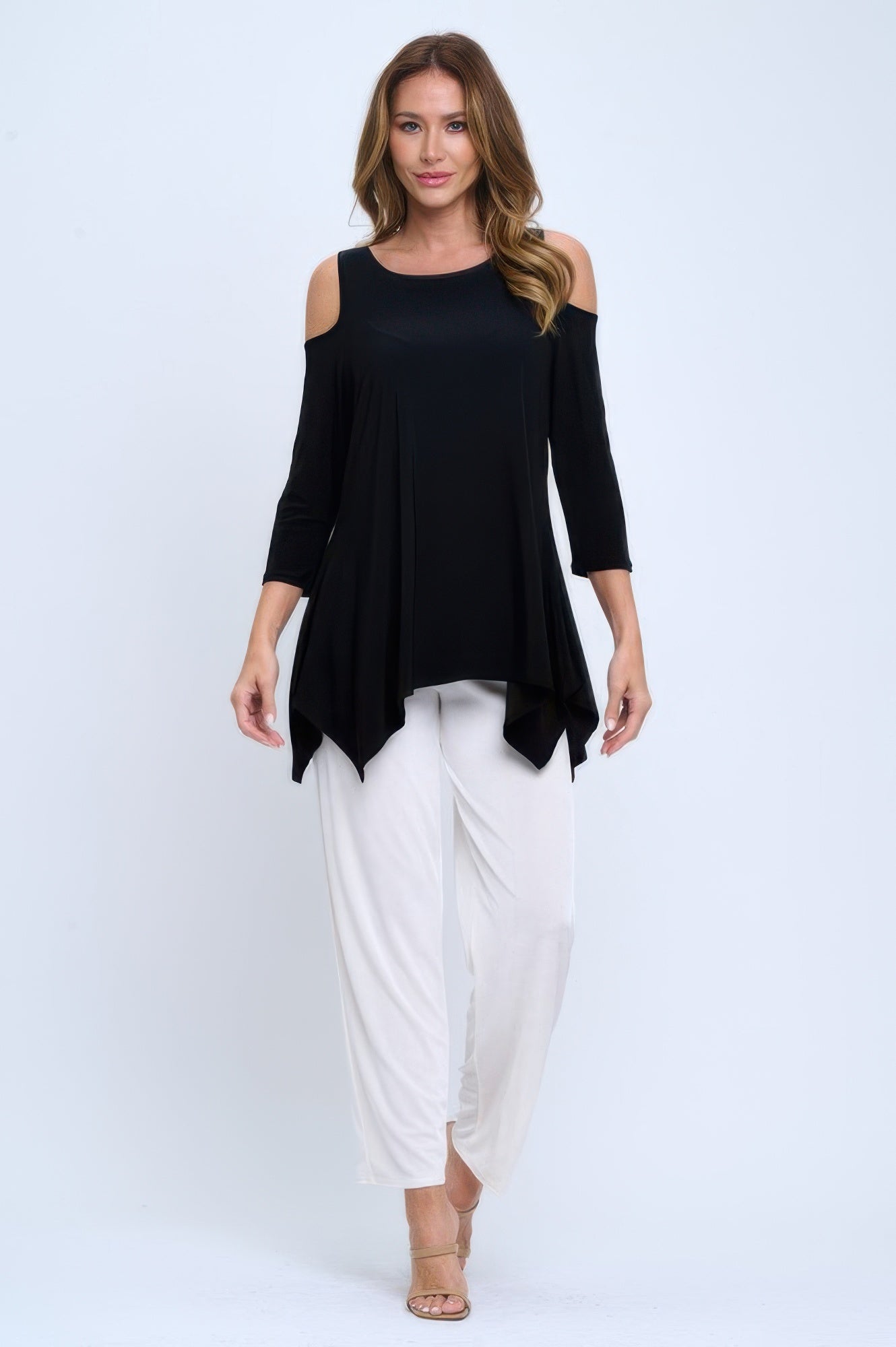 Plus Size Black Cold Shoulder Sharkbite Top - DressAffection