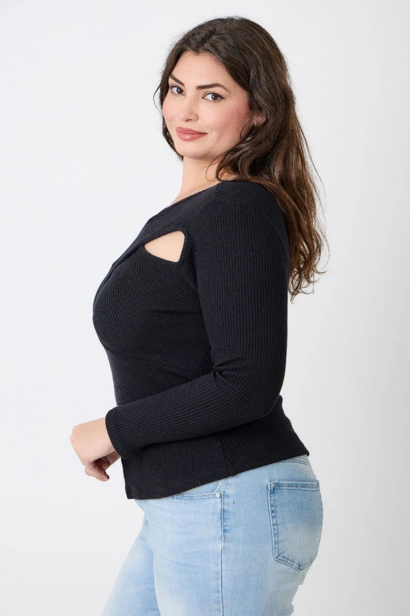 Plus Size Black Ribbed Cutout Long Sleeve Top - DressAffection