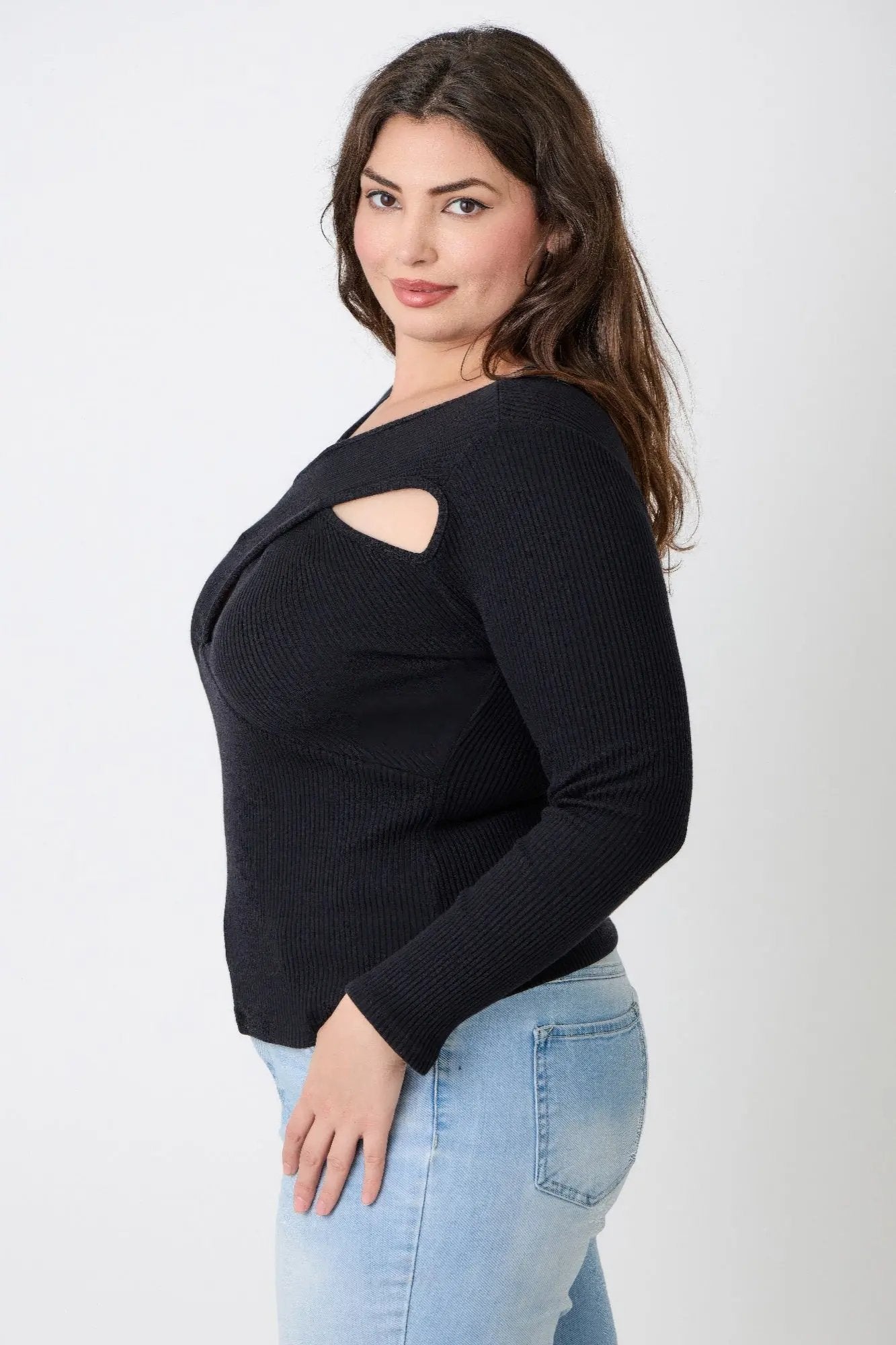 Plus Size Black Ribbed Cutout Long Sleeve Top - DressAffection