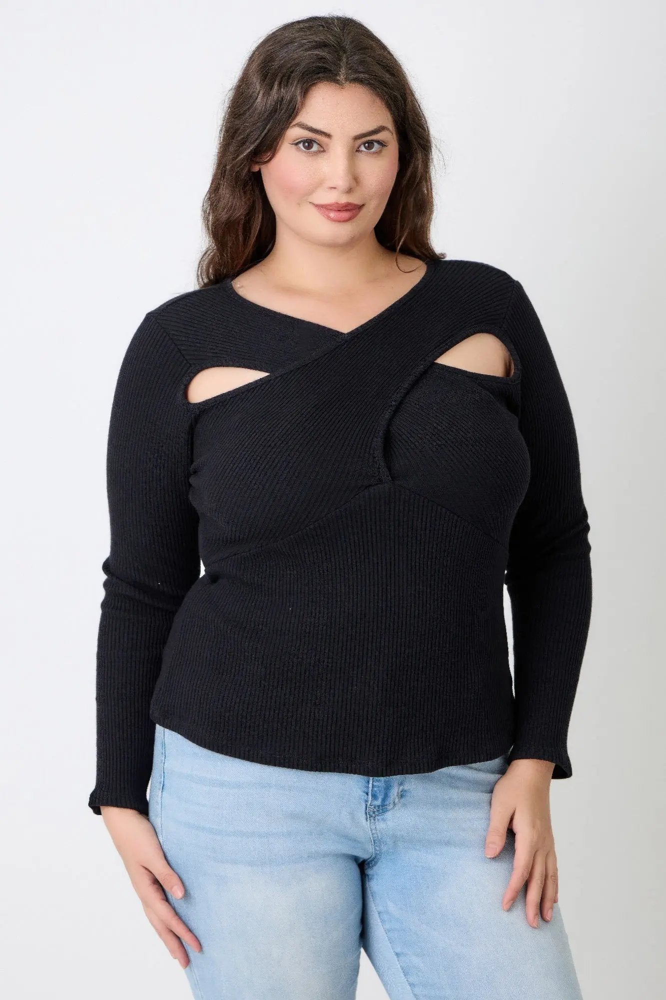 Plus Size Black Ribbed Cutout Long Sleeve Top - DressAffection