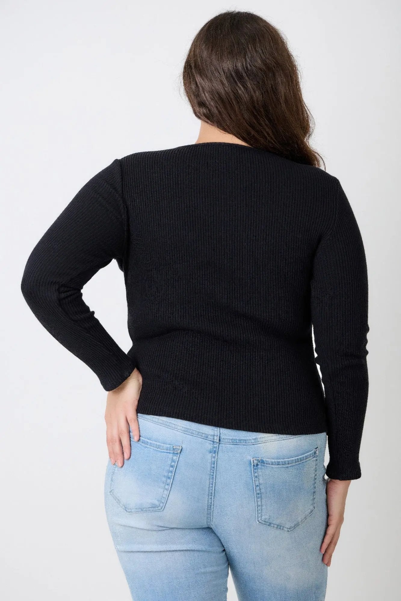 Plus Size Black Ribbed Cutout Long Sleeve Top - DressAffection