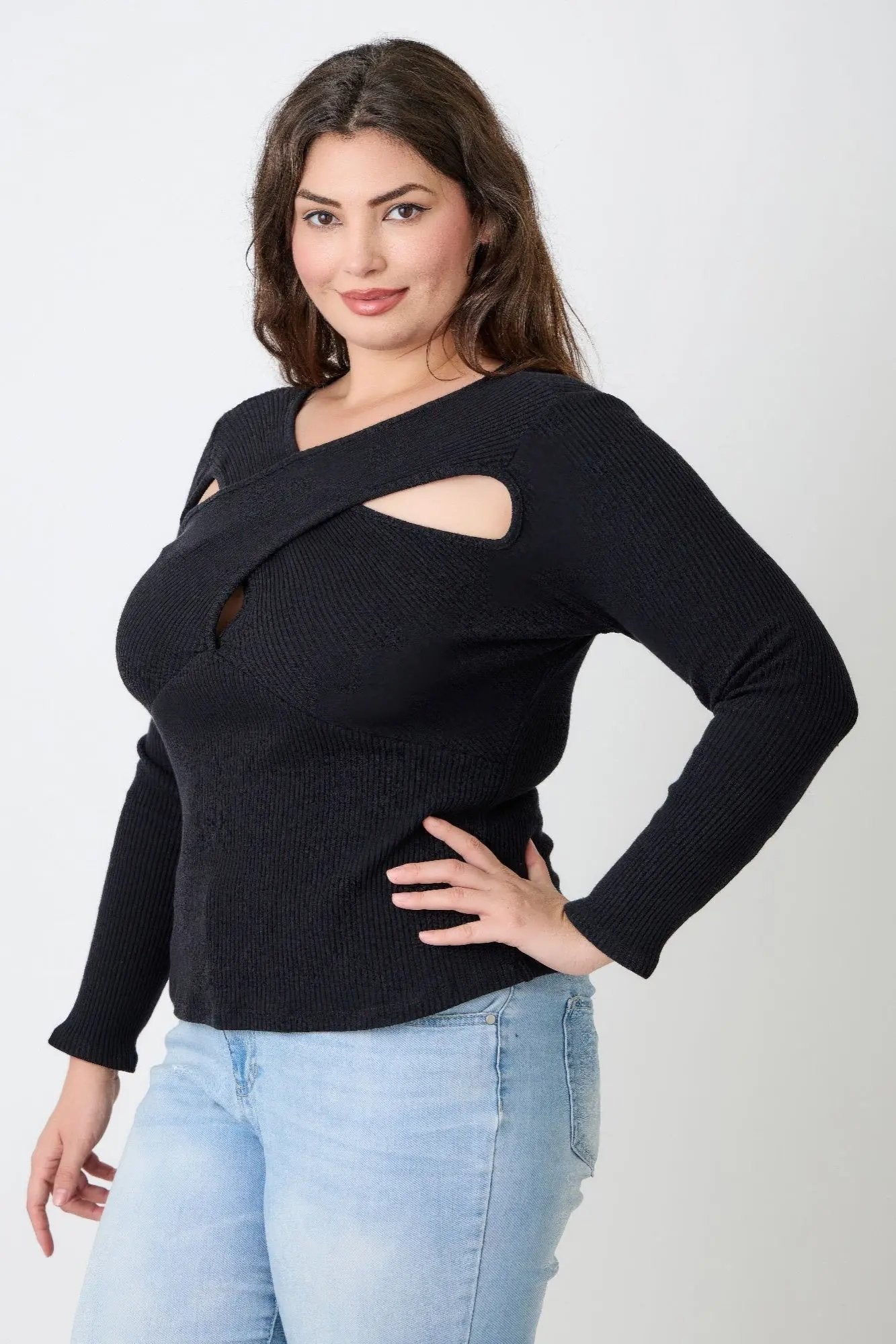 Plus Size Black Ribbed Cutout Long Sleeve Top - DressAffection