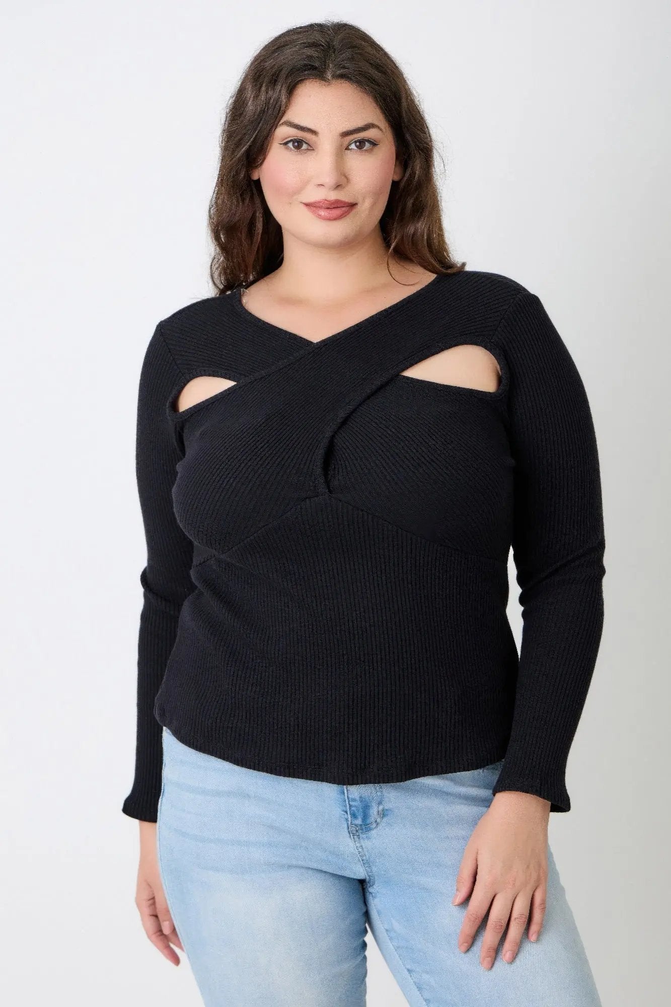 Plus Size Black Ribbed Cutout Long Sleeve Top - DressAffection