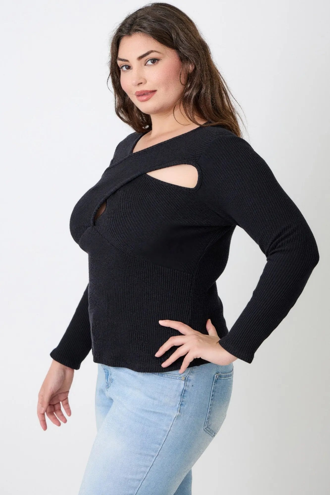 Plus Size Black Ribbed Cutout Long Sleeve Top - DressAffection