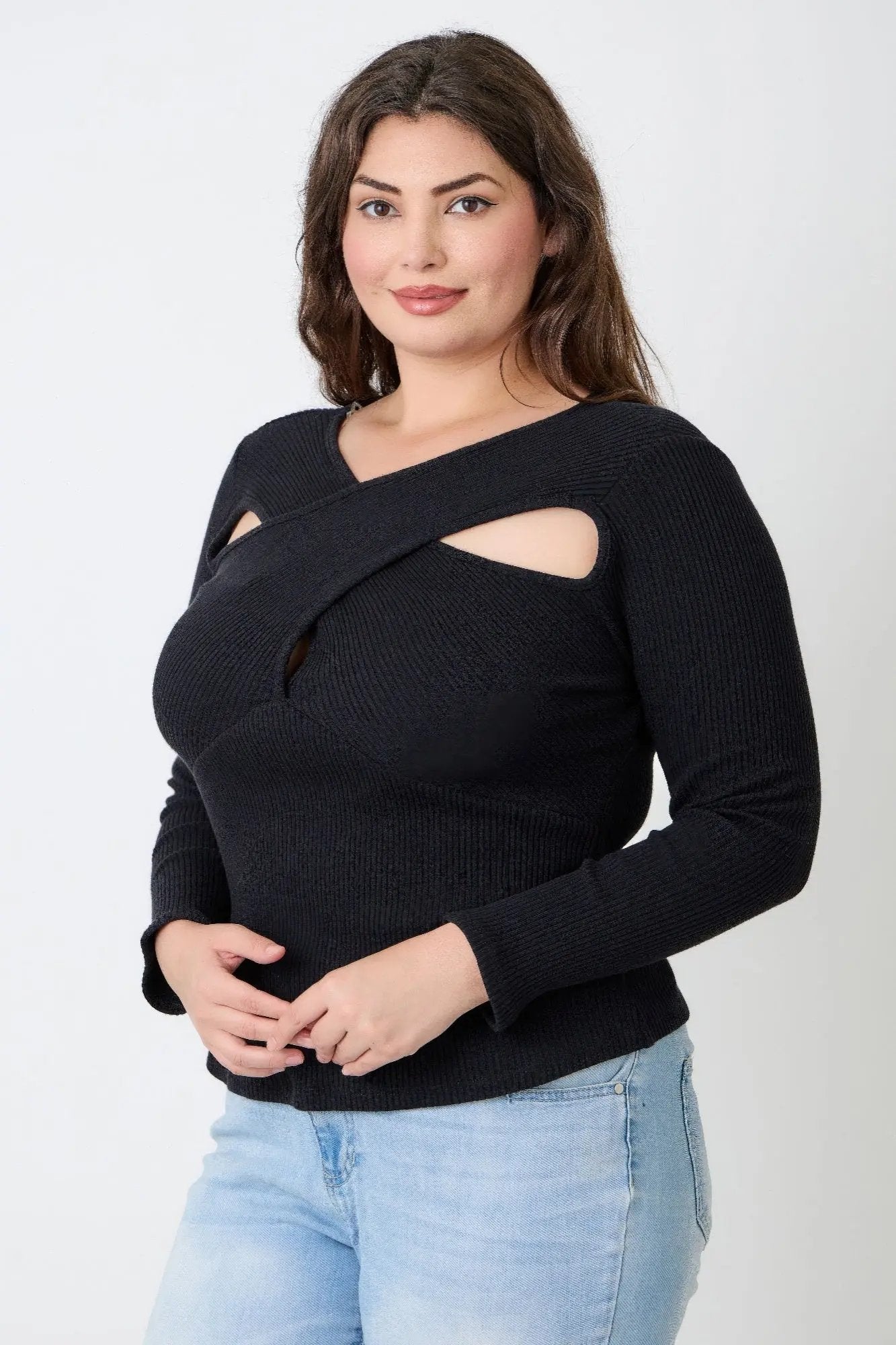 Plus Size Black Ribbed Cutout Long Sleeve Top - DressAffection