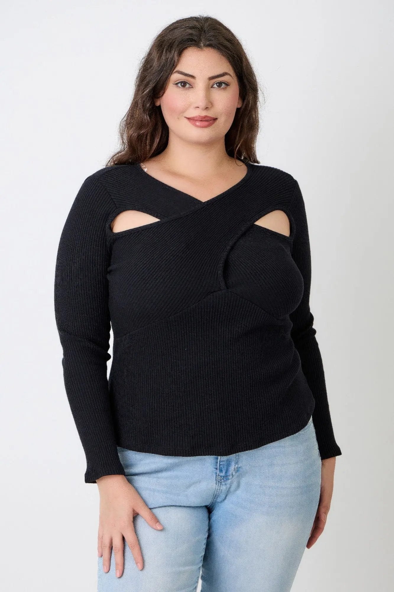 Plus Size Black Ribbed Cutout Long Sleeve Top - DressAffection