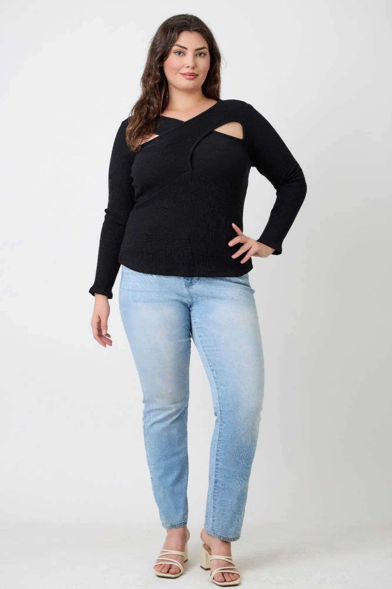 Plus Size Black Ribbed Cutout Long Sleeve Top - DressAffection