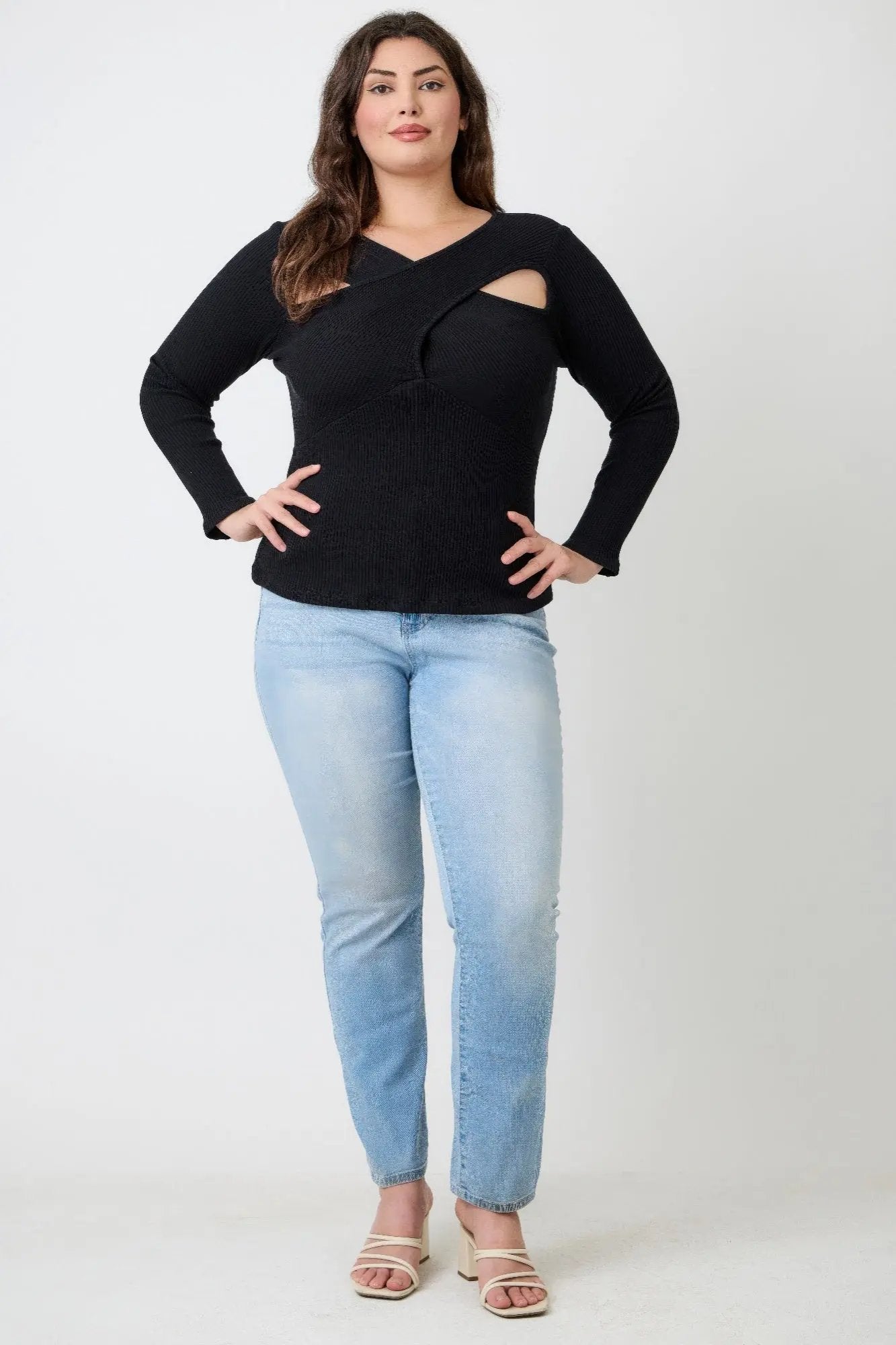 Plus Size Black Ribbed Cutout Long Sleeve Top - DressAffection