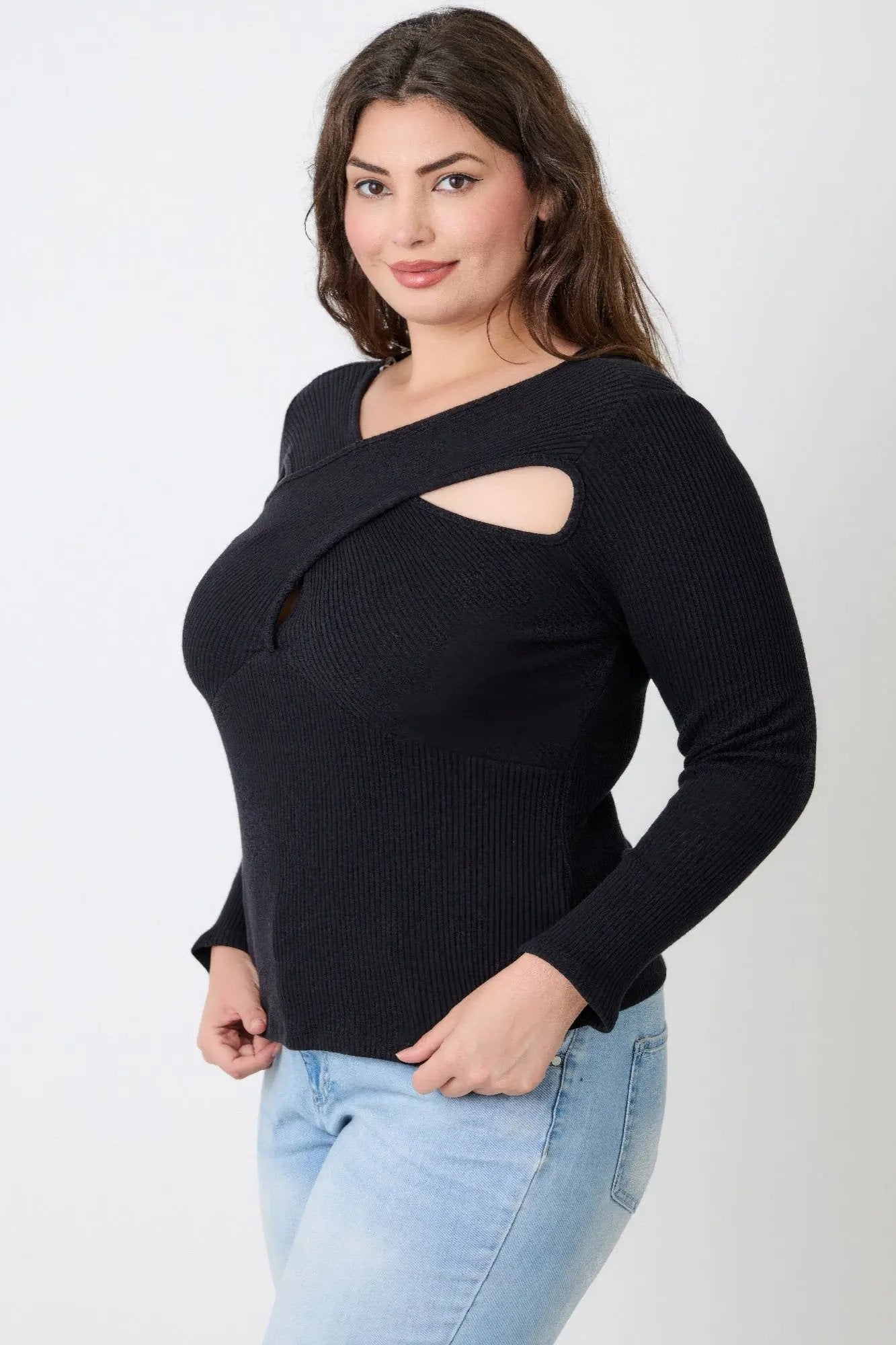 Plus Size Black Ribbed Cutout Long Sleeve Top - DressAffection