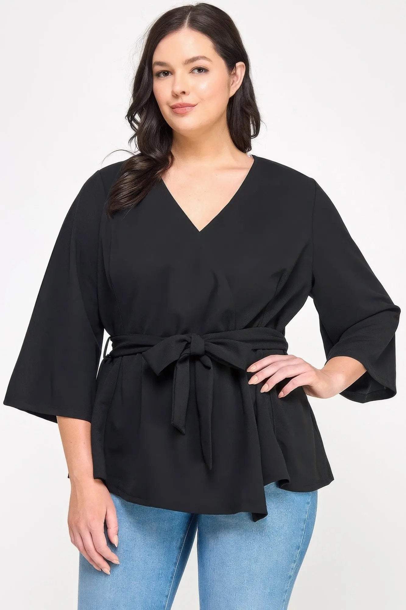 Plus Size Black Wrap Tie-waist Jacket - DressAffection