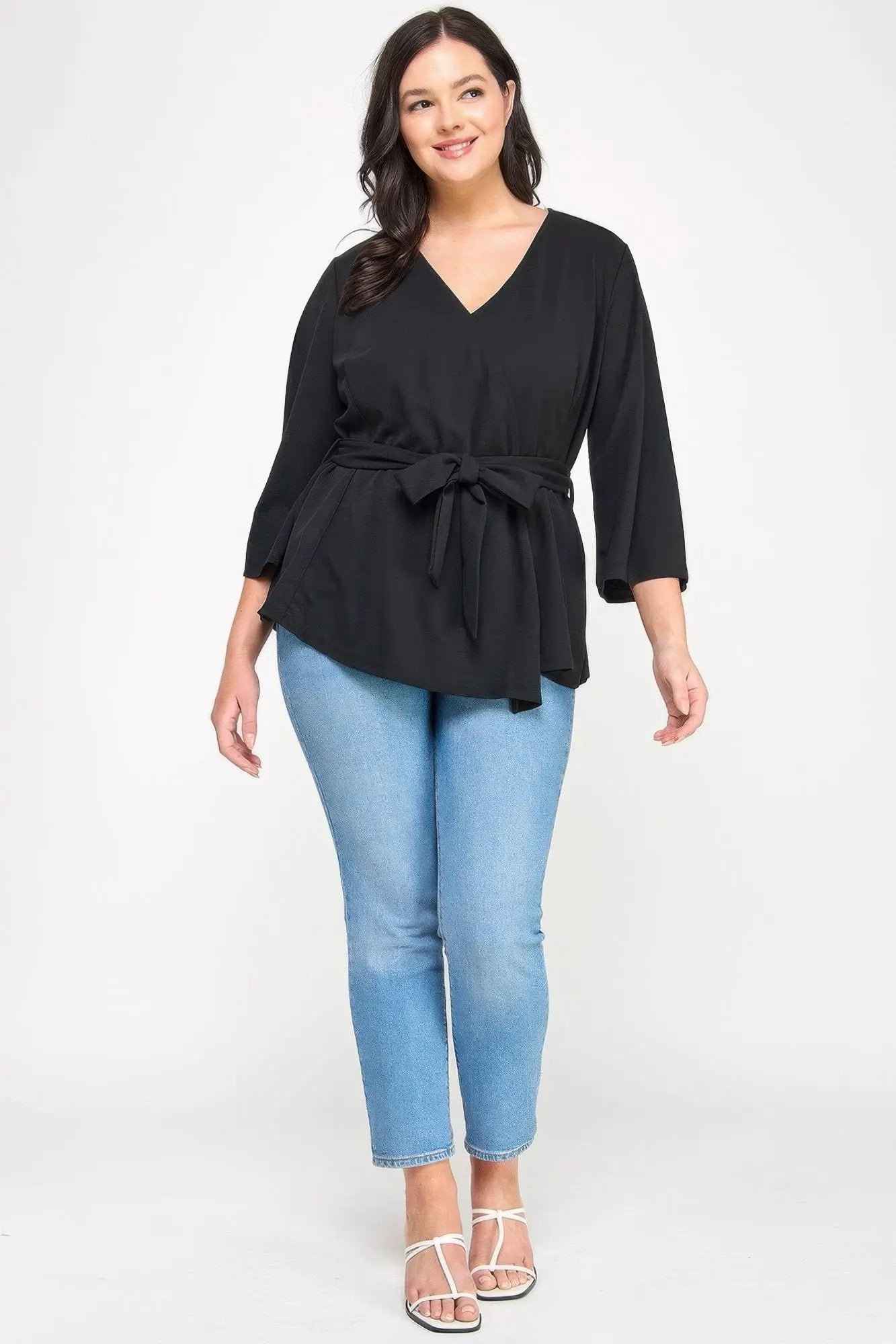 Plus Size Black Wrap Tie-waist Jacket - DressAffection
