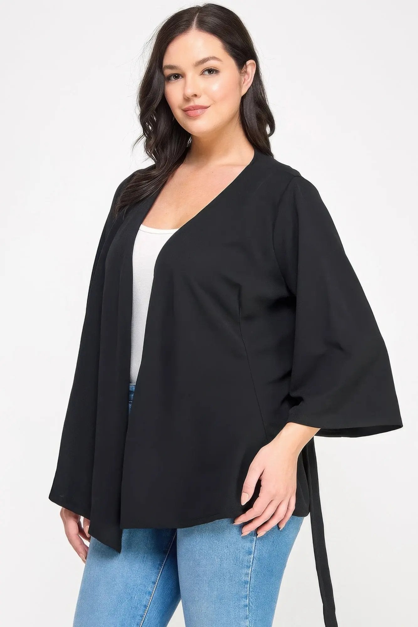 Plus Size Black Wrap Tie-waist Jacket - DressAffection