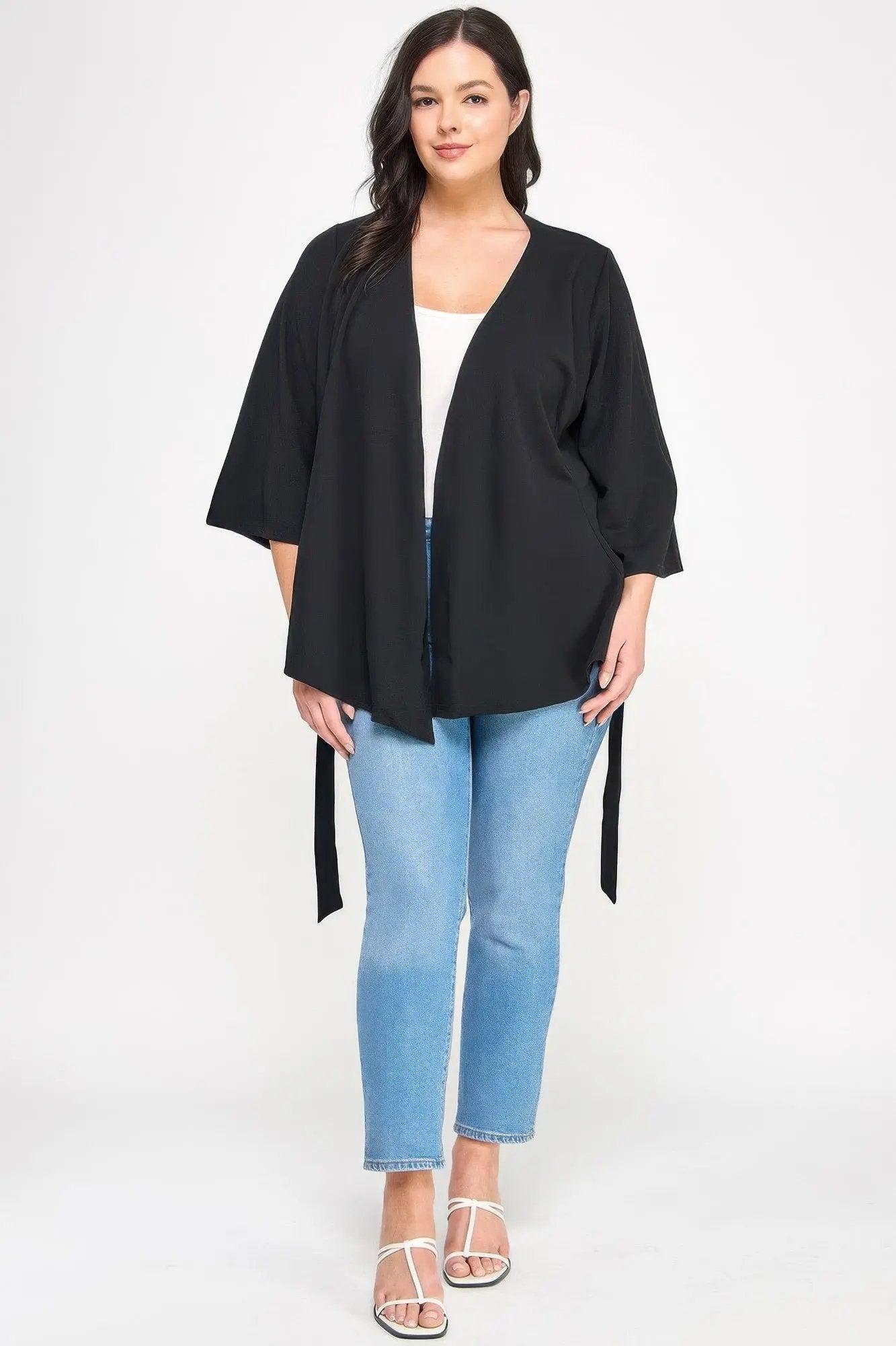 Plus Size Black Wrap Tie-waist Jacket - DressAffection