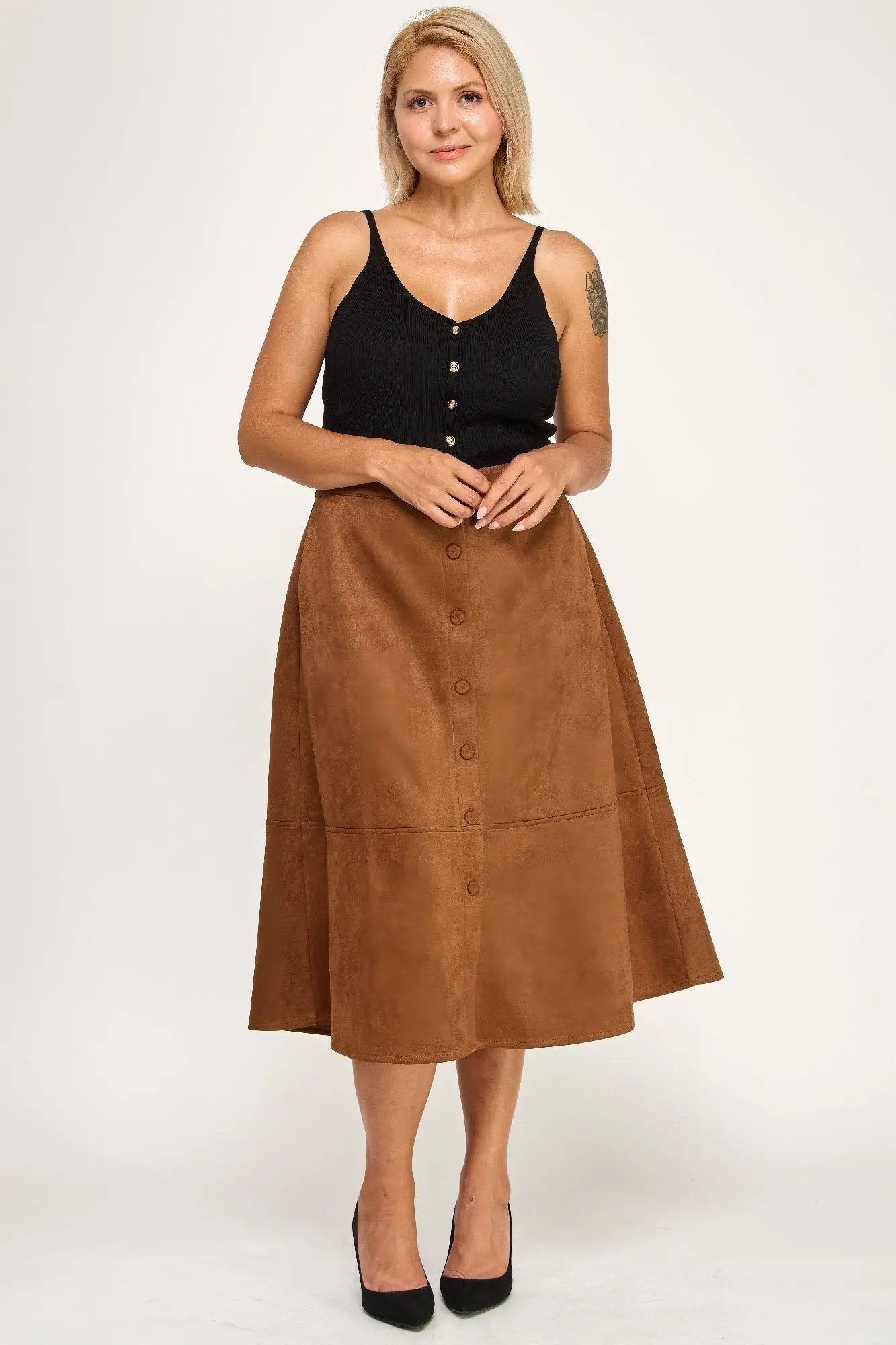 Plus Size Button-front Faux Suede Aline Midi Skirt - DressAffection