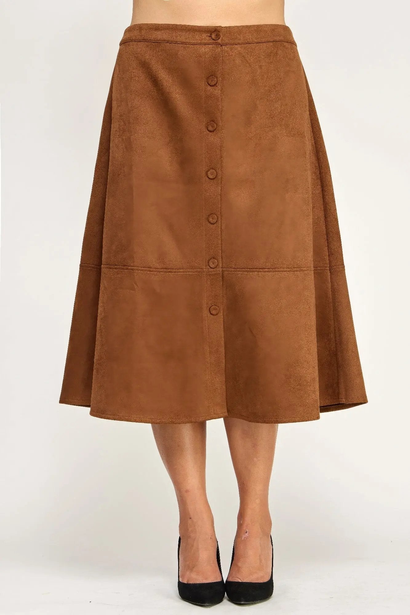 Plus Size Button-front Faux Suede Aline Midi Skirt - DressAffection