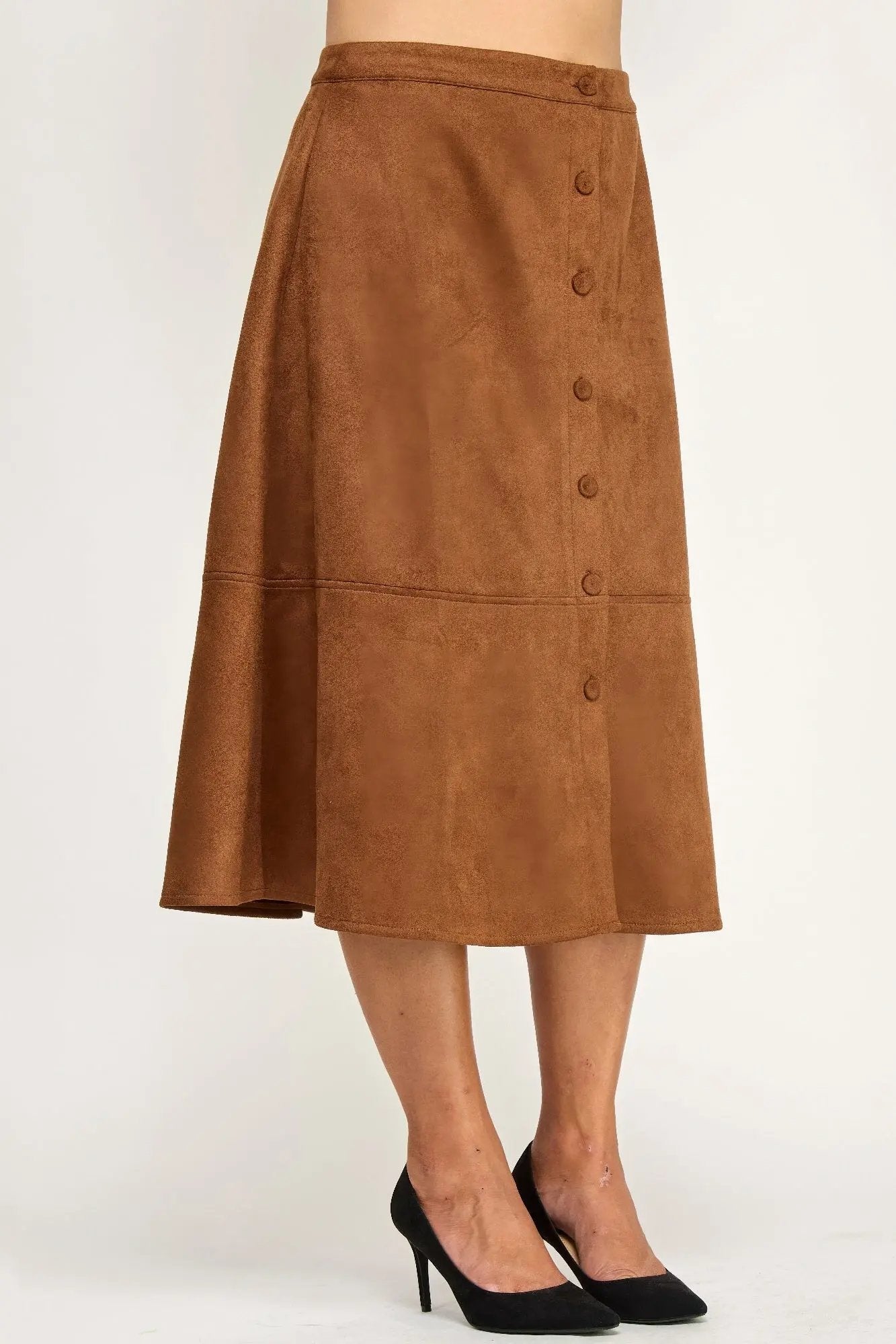 Plus Size Button-front Faux Suede Aline Midi Skirt - DressAffection