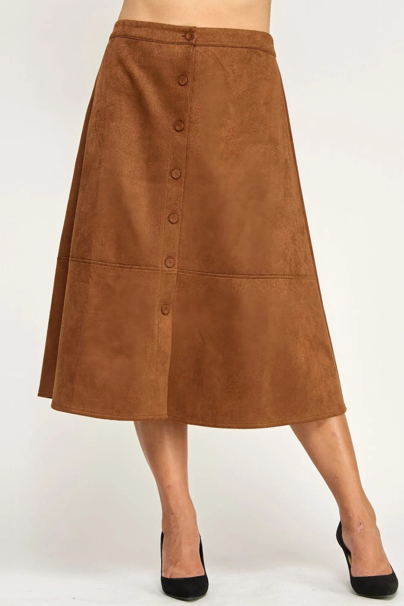 Plus Size Button-front Faux Suede Aline Midi Skirt - DressAffection