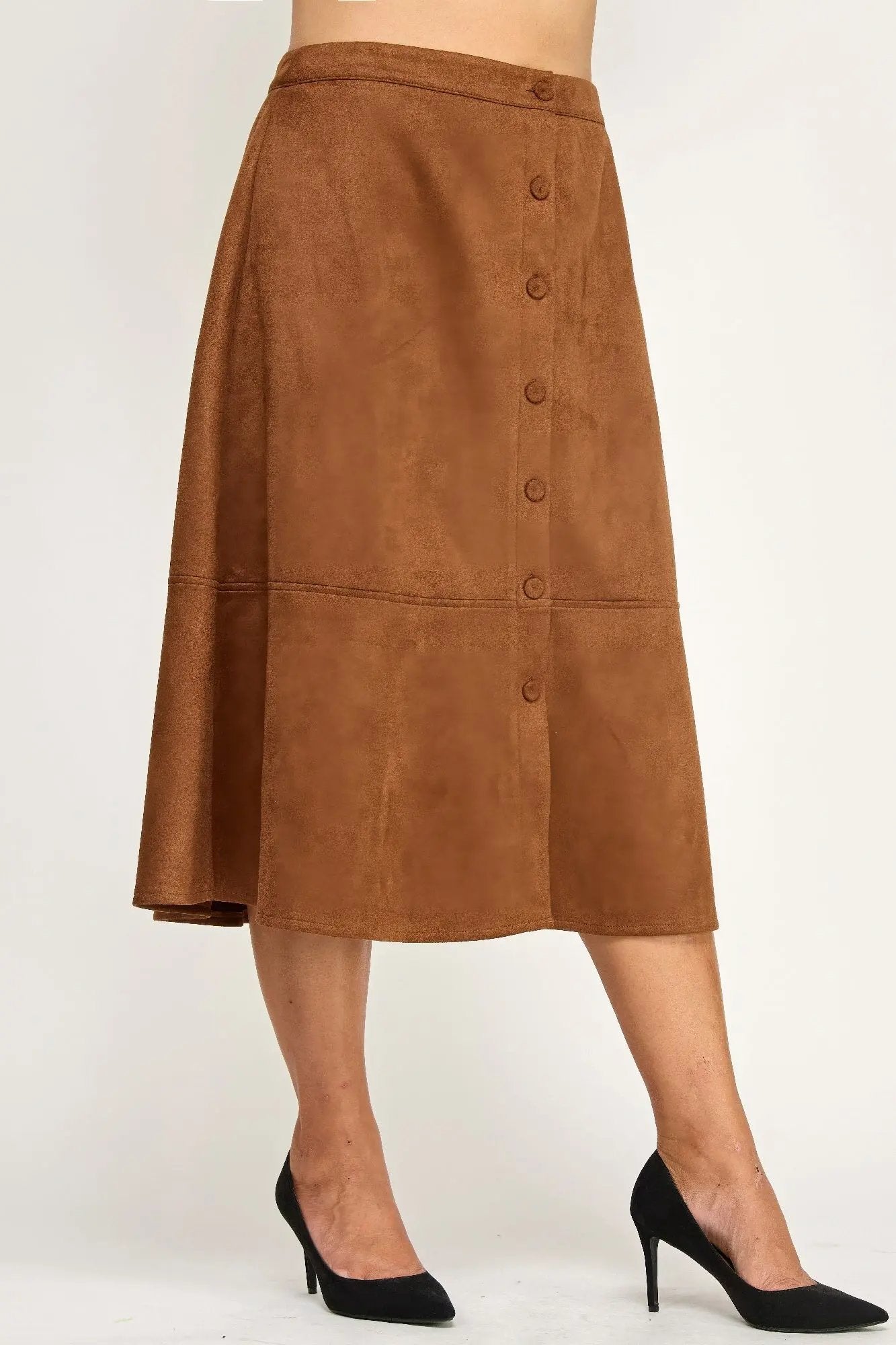 Plus Size Button-front Faux Suede Aline Midi Skirt - DressAffection