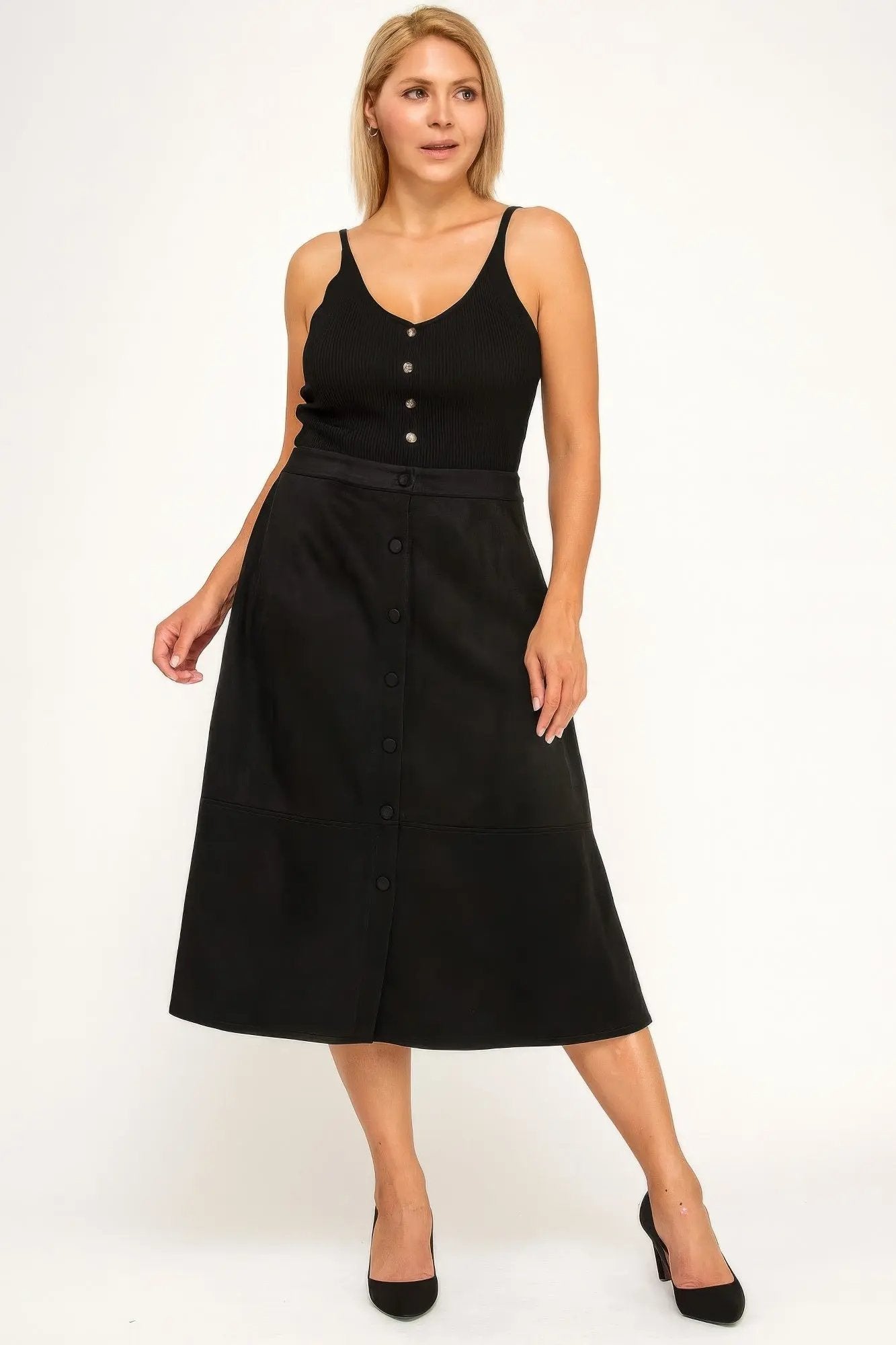 Plus Size Button-front Faux Suede Aline Midi Skirt - DressAffection