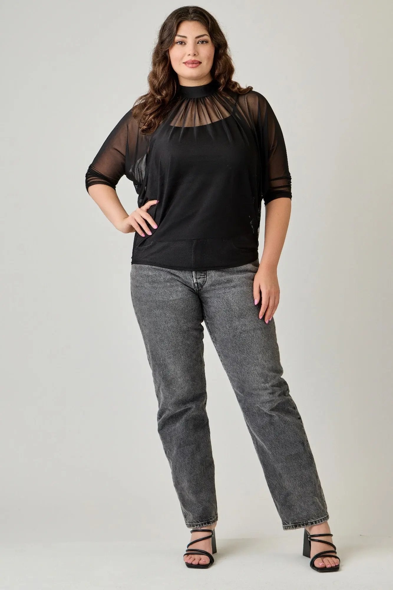 Plus Size Draped Mesh Top With Tank - DressAffection