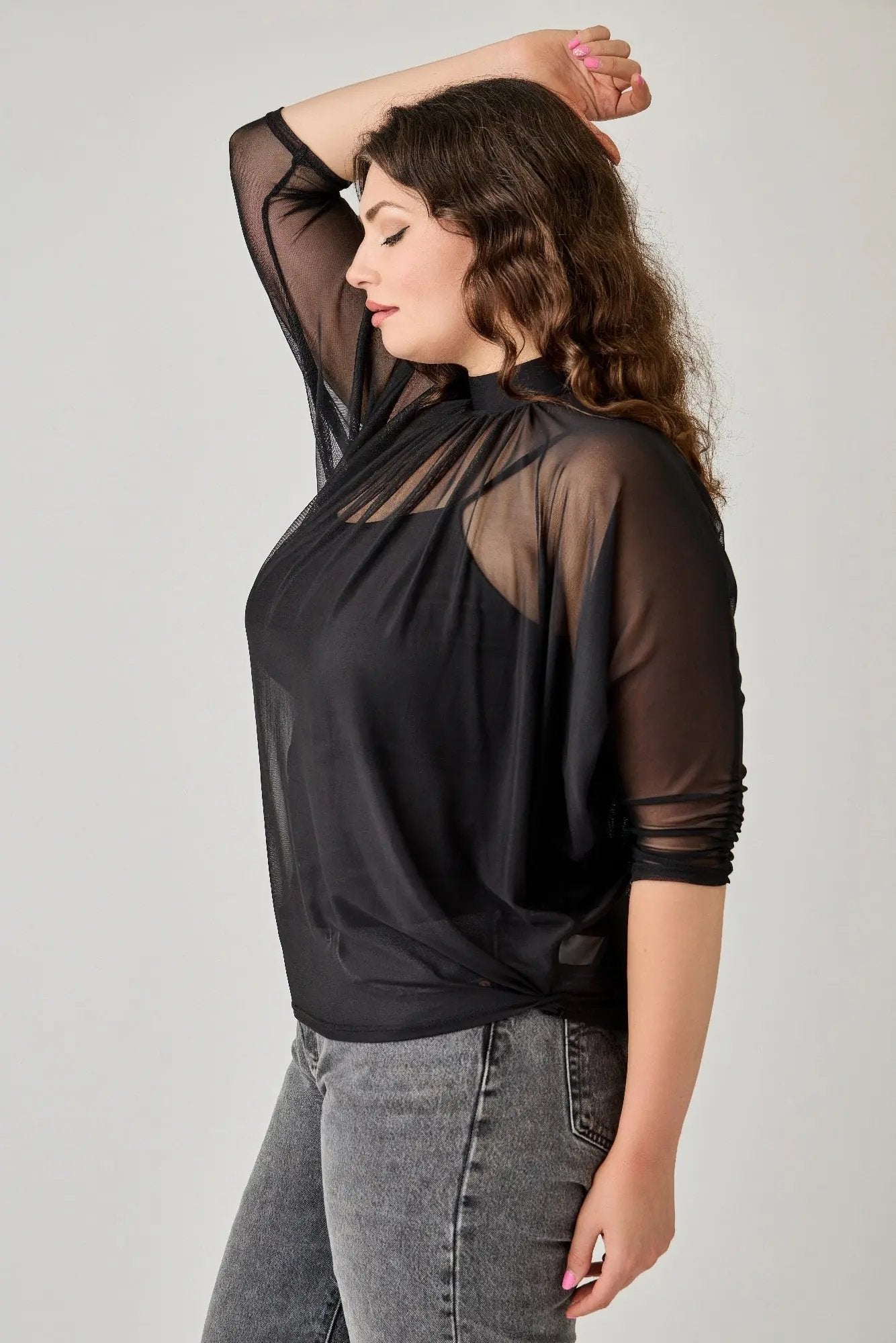 Plus Size Draped Mesh Top With Tank - DressAffection