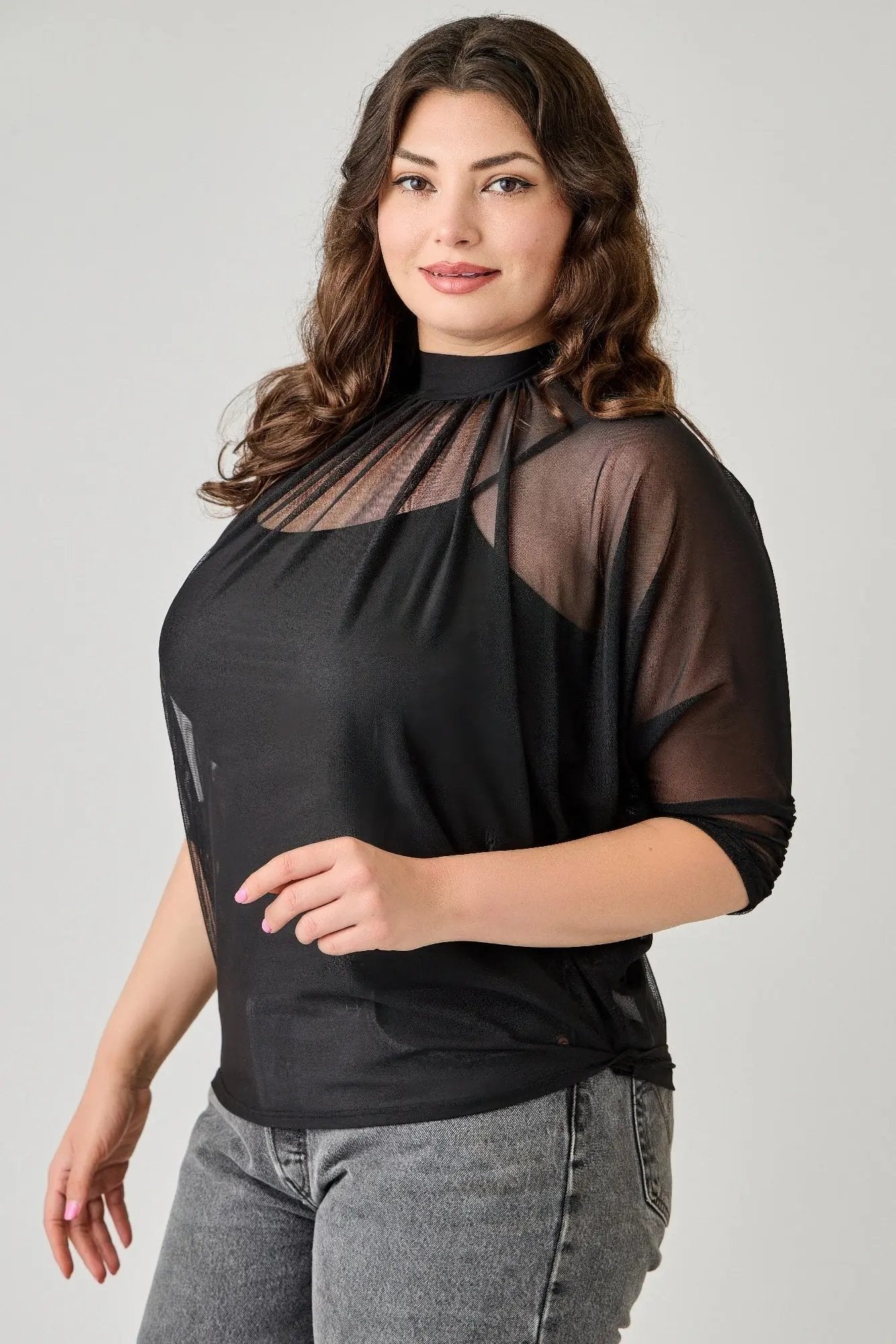 Plus Size Draped Mesh Top With Tank - DressAffection