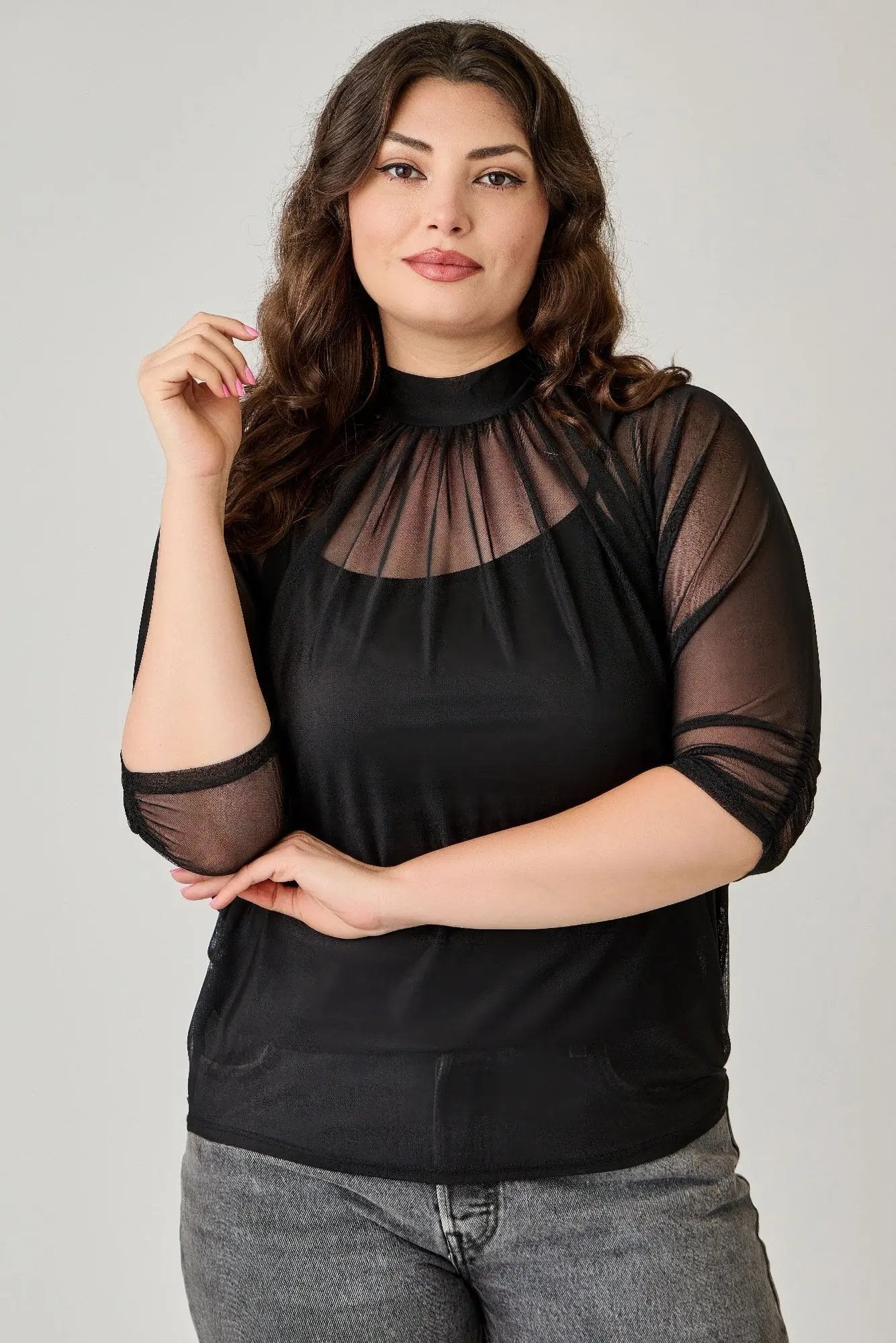 Plus Size Draped Mesh Top With Tank - DressAffection