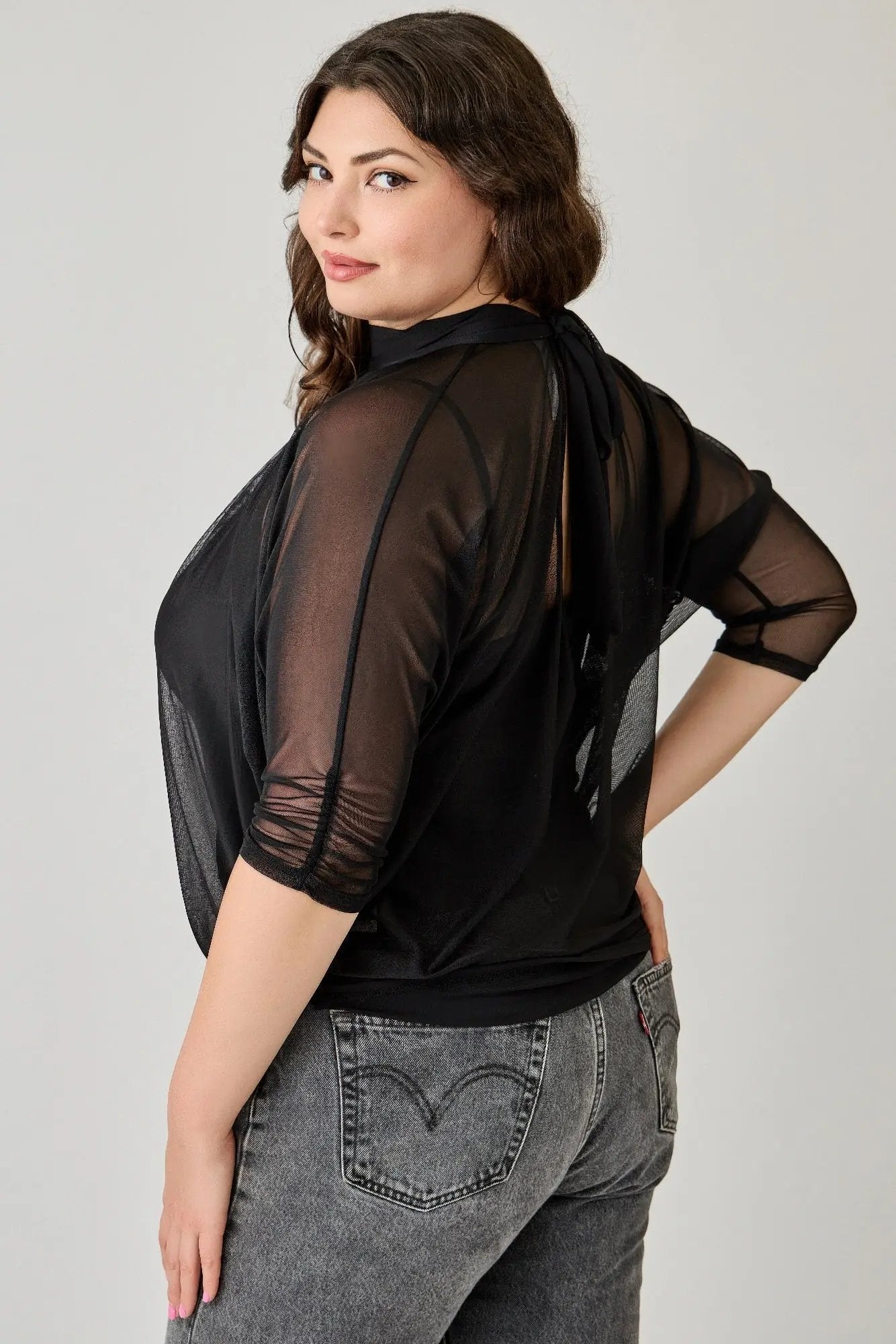 Plus Size Draped Mesh Top With Tank - DressAffection
