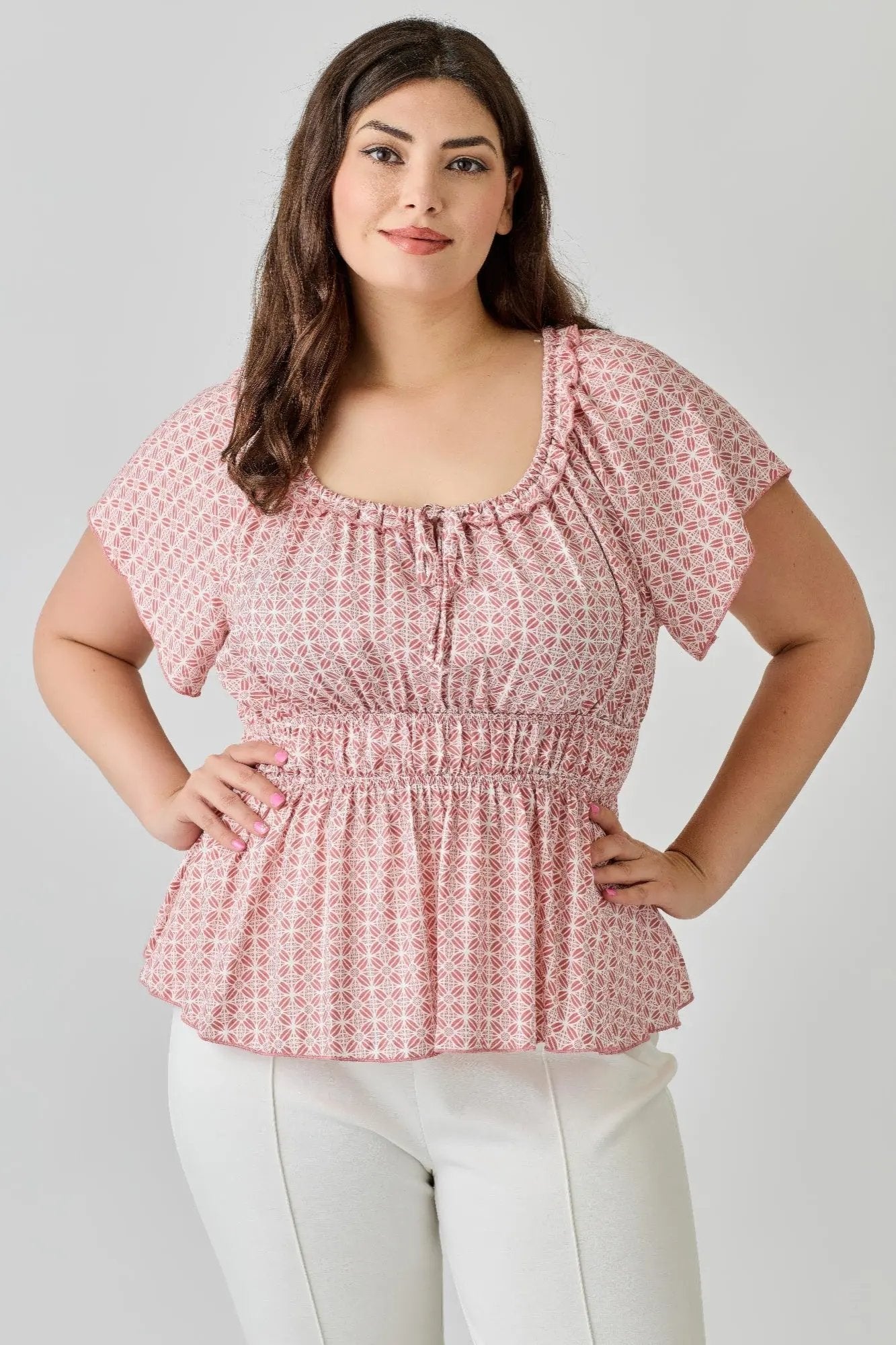 Plus Size Geometric Challis Print Top - DressAffection