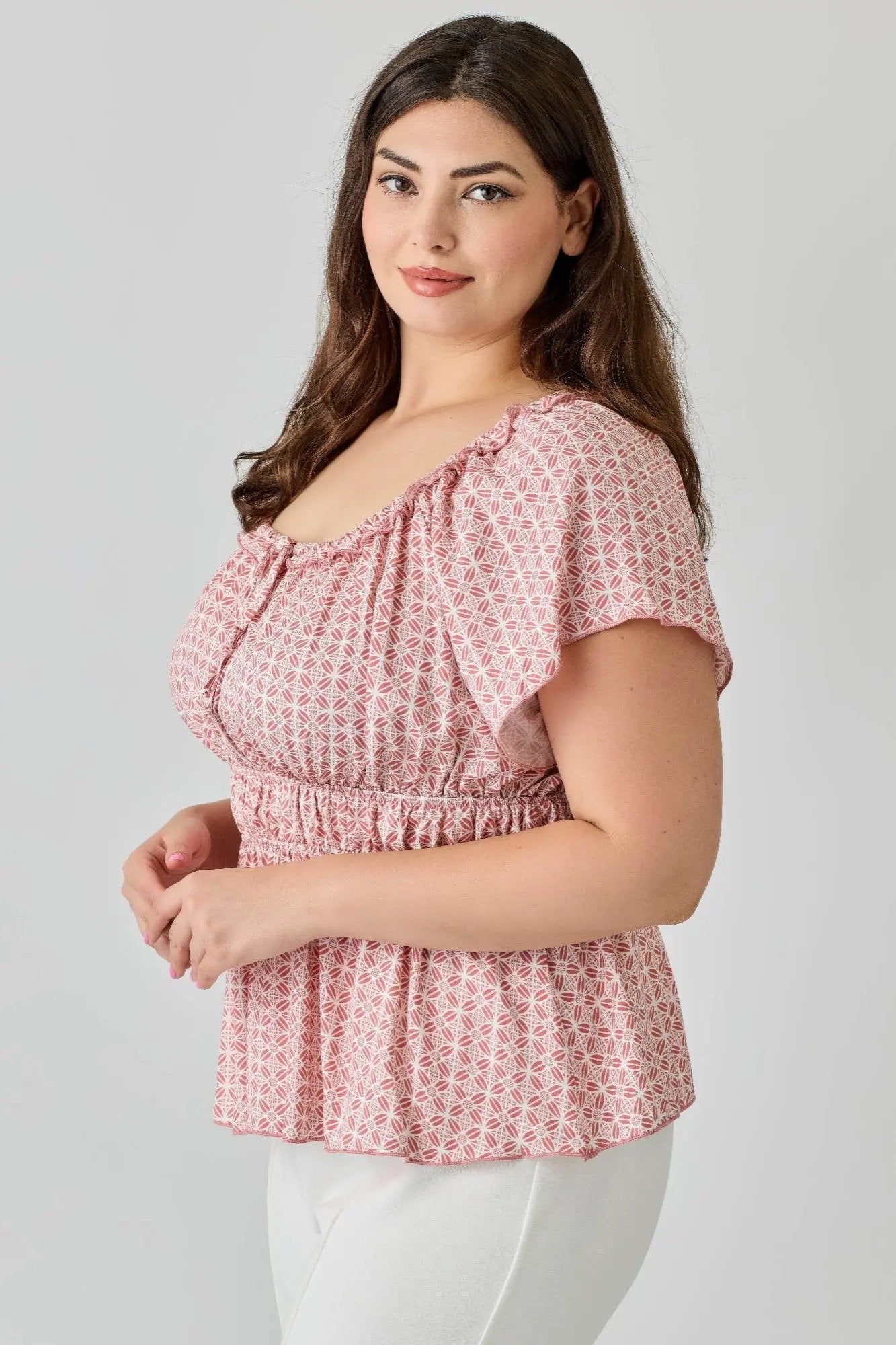 Plus Size Geometric Challis Print Top - DressAffection