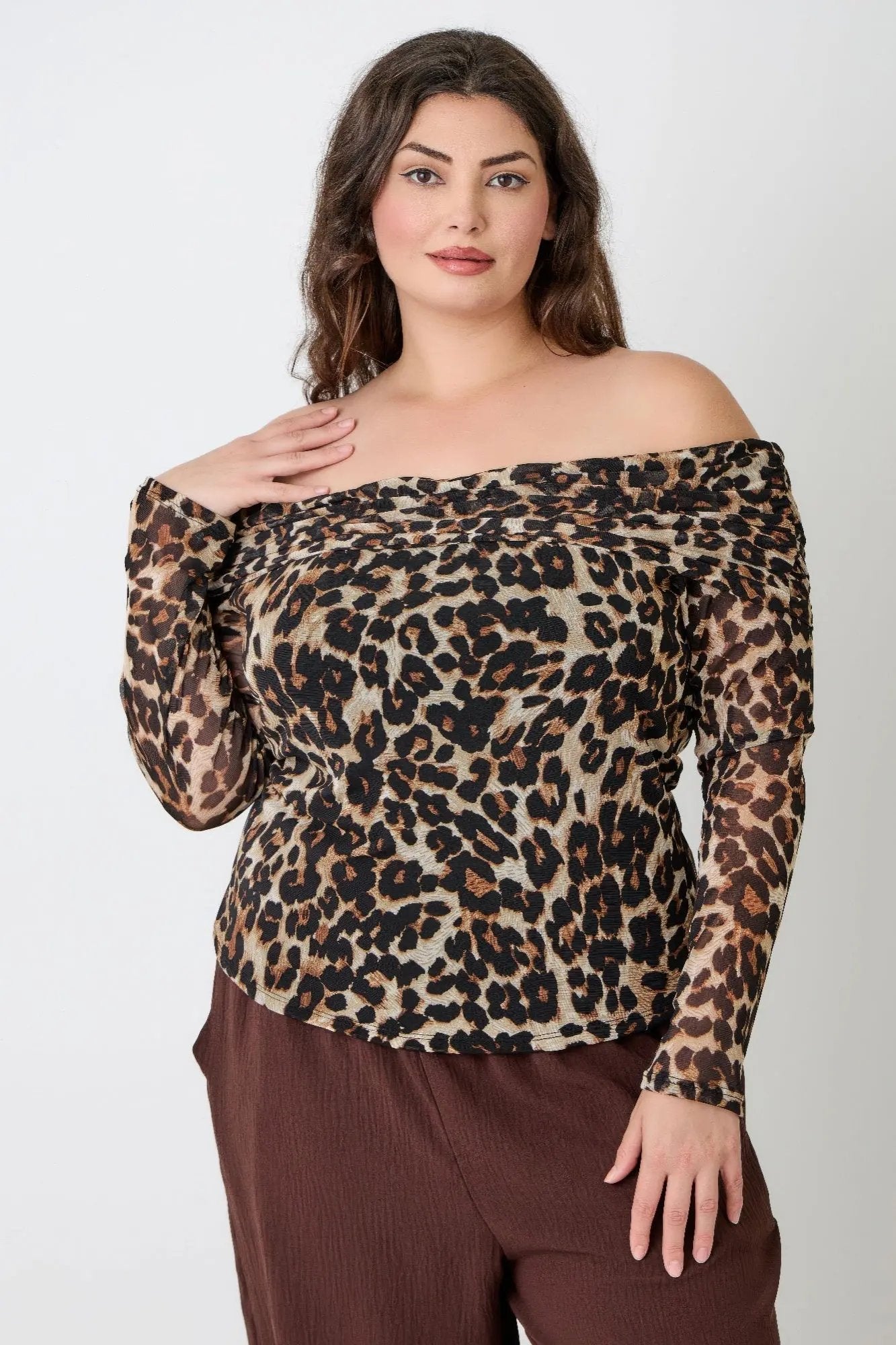 Plus Size Leopard Print Off-the-shoulder Blouse - DressAffection