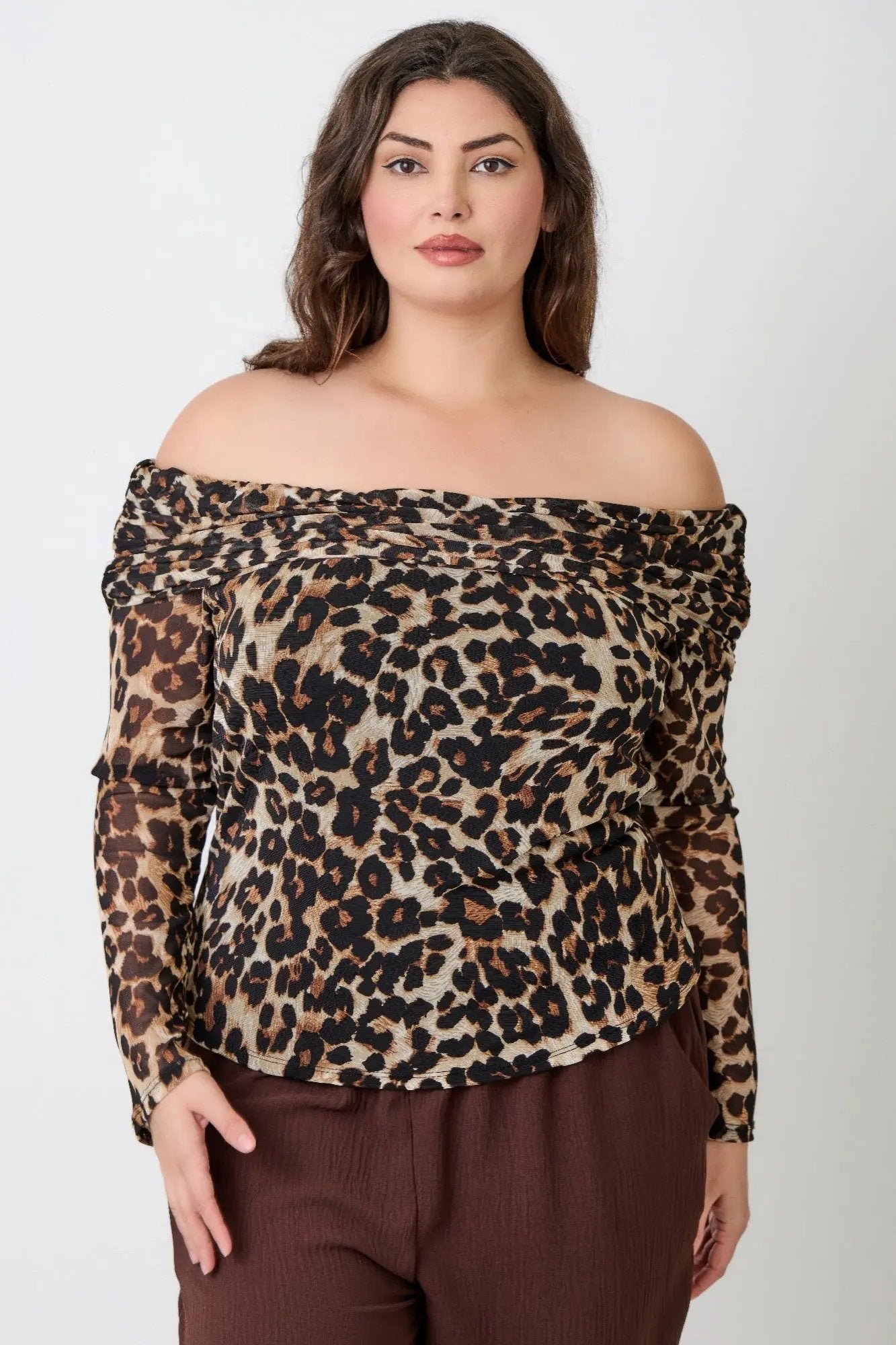 Plus Size Leopard Print Off-the-shoulder Blouse - DressAffection