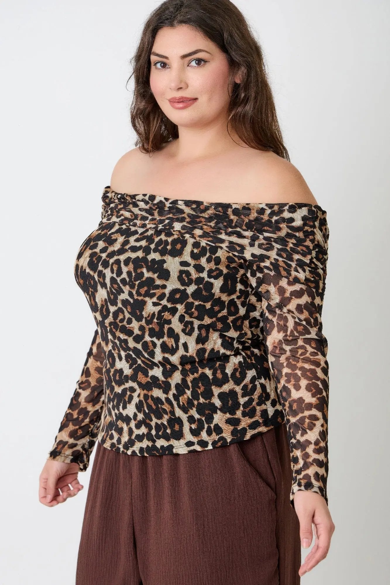 Plus Size Leopard Print Off-the-shoulder Blouse - DressAffection