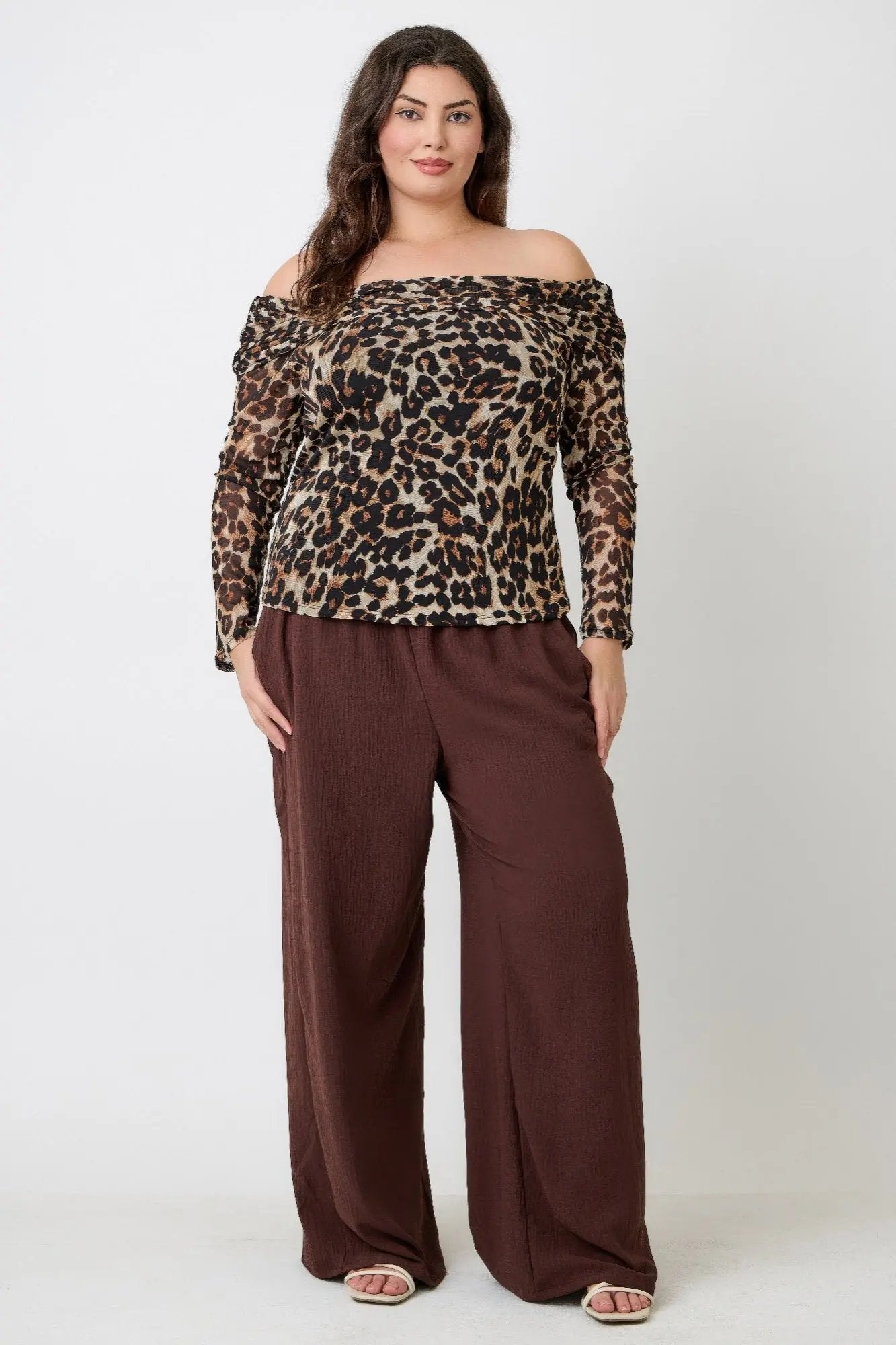 Plus Size Leopard Print Off-the-shoulder Blouse - DressAffection