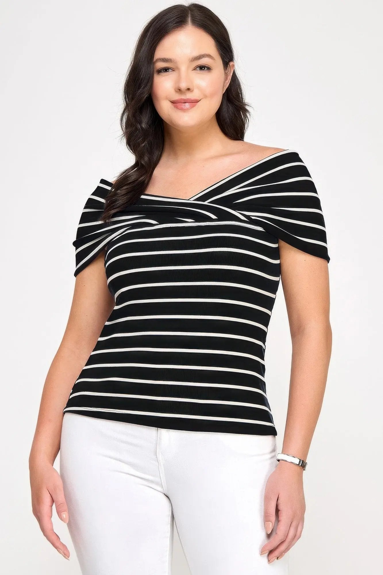 Plus Size Ots Knit Ribbed Striped Top - DressAffection