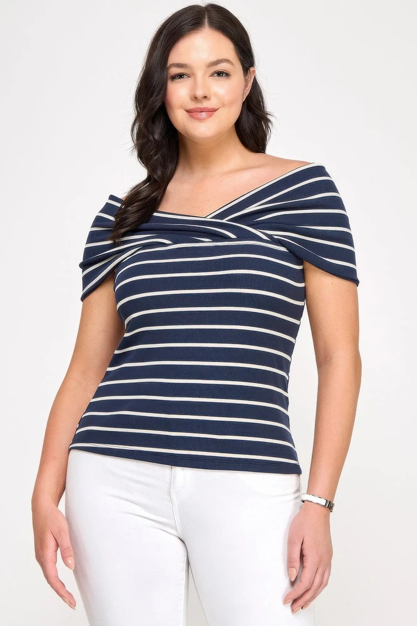 Plus Size Ots Knit Ribbed Striped Top - DressAffection