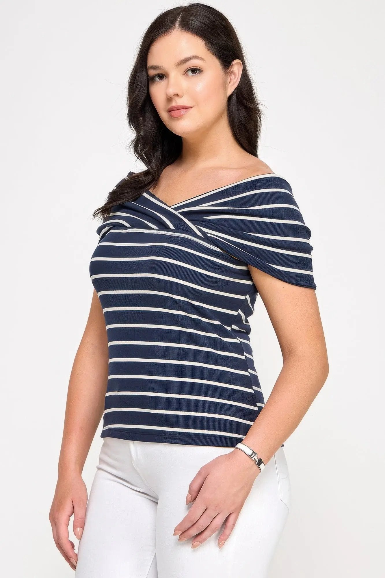 Plus Size Ots Knit Ribbed Striped Top - DressAffection
