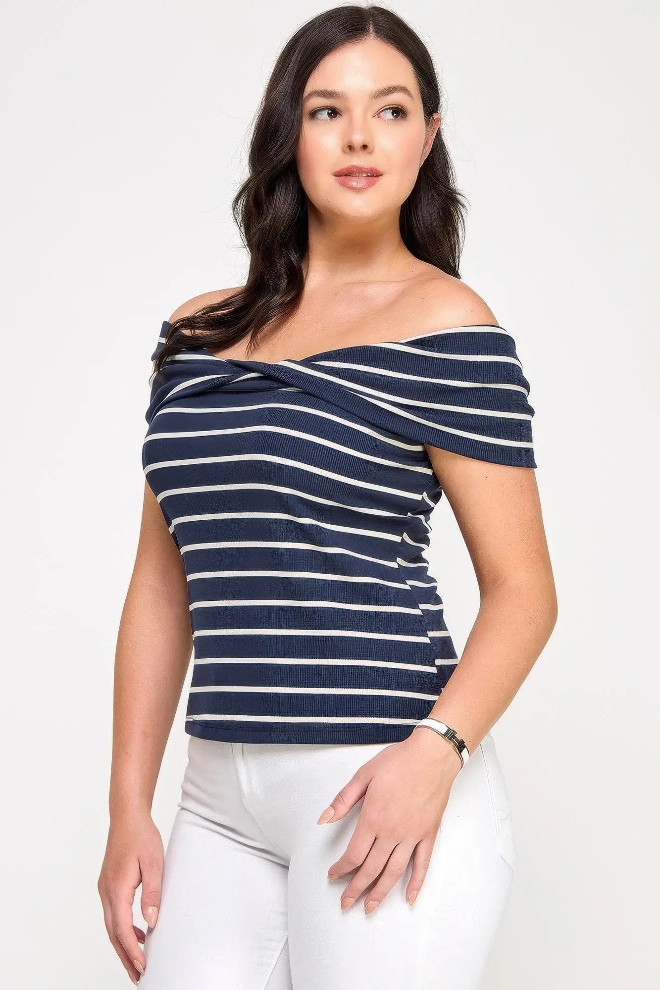 Plus Size Ots Knit Ribbed Striped Top - DressAffection