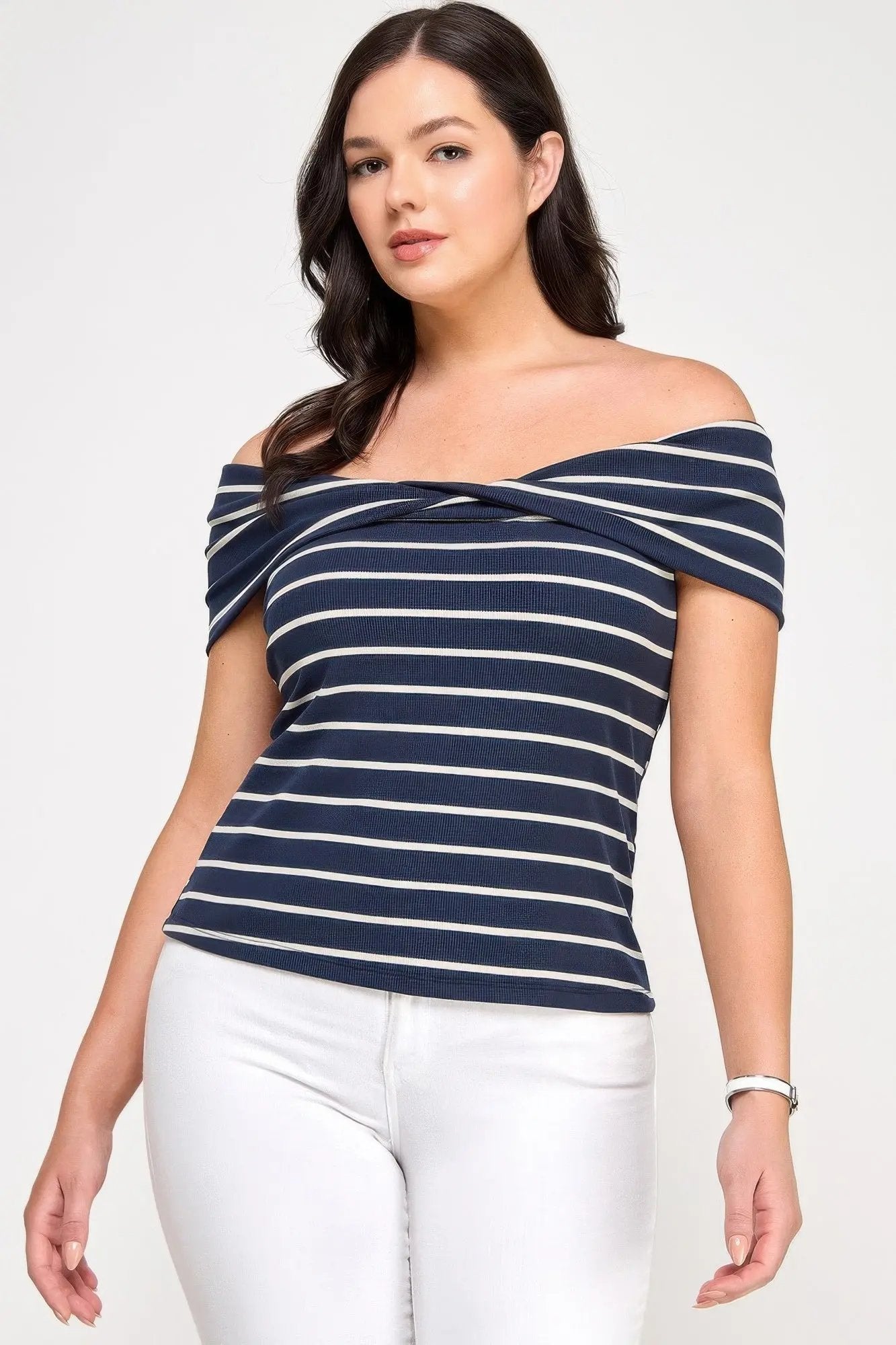 Plus Size Ots Knit Ribbed Striped Top - DressAffection