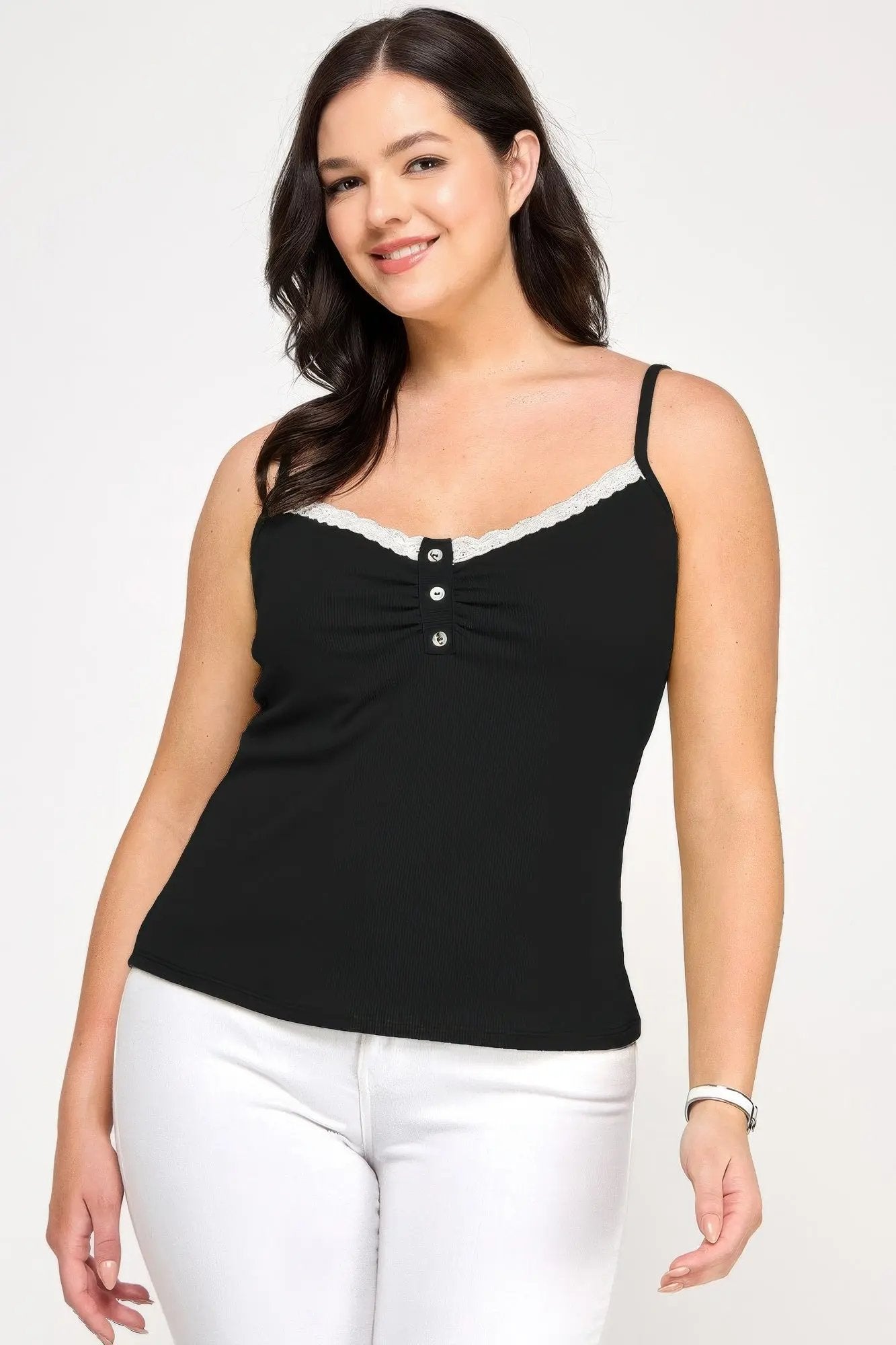 Plus Size Ribbed Knit Camisole With Lace Trim - DressAffection