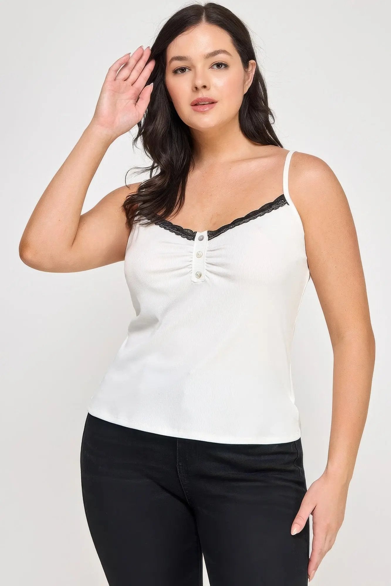 Plus Size Ribbed Knit Camisole With Lace Trim - DressAffection