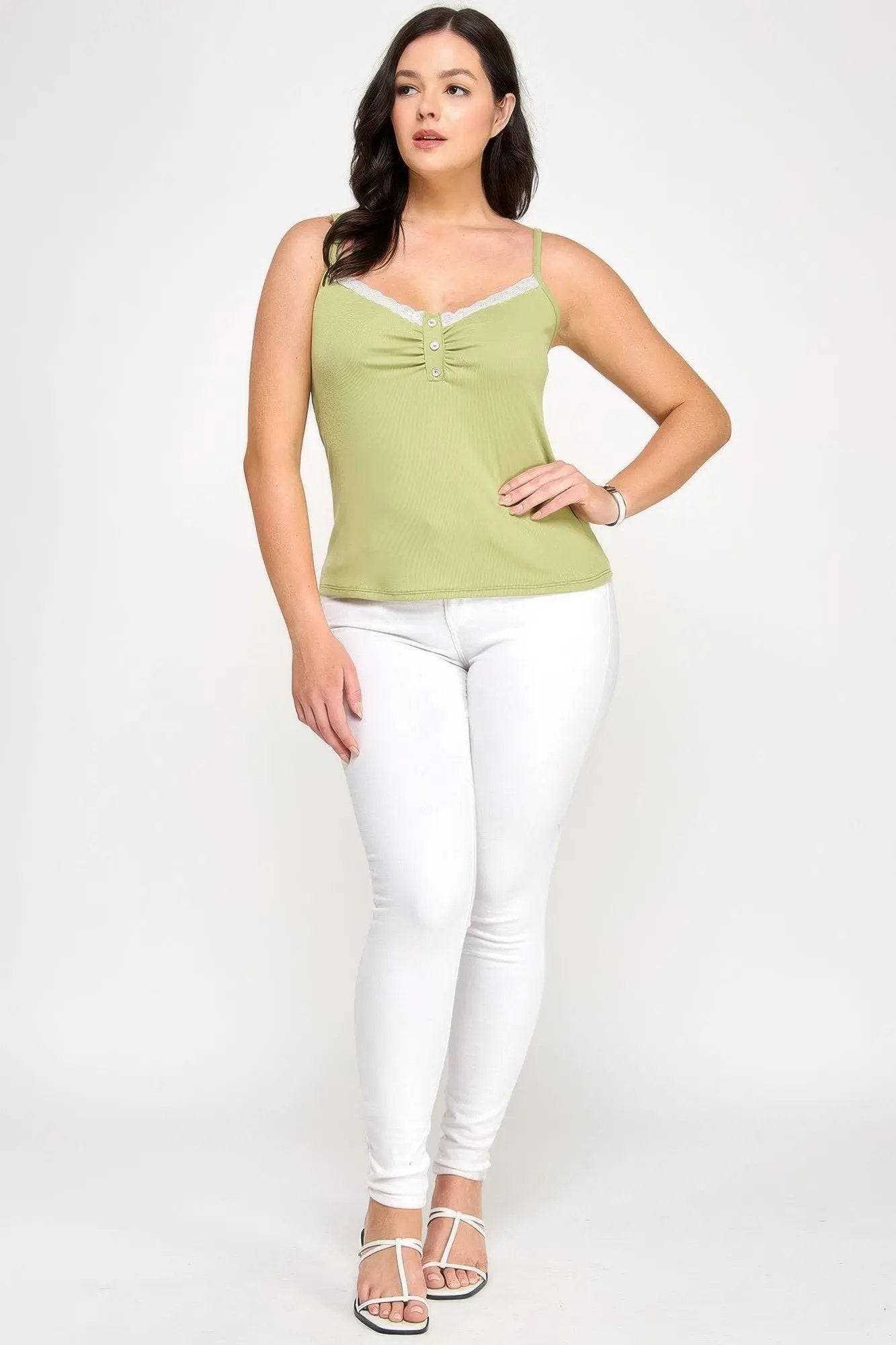 Plus Size Ribbed Knit Camisole With Lace Trim - DressAffection