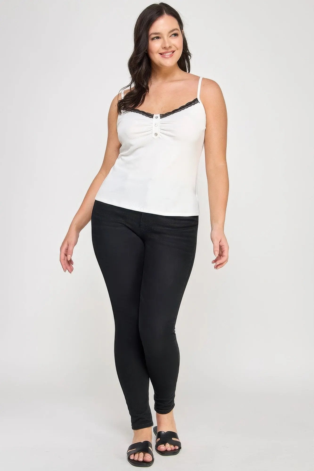 Plus Size Ribbed Knit Camisole With Lace Trim - DressAffection